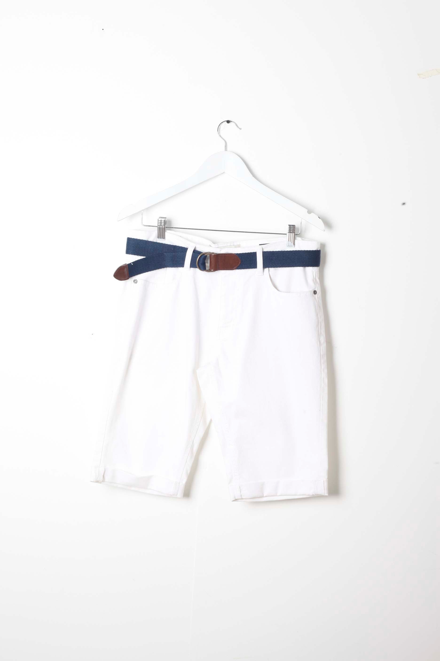 Mens White Denim Chino Shorts with Fabric Belt