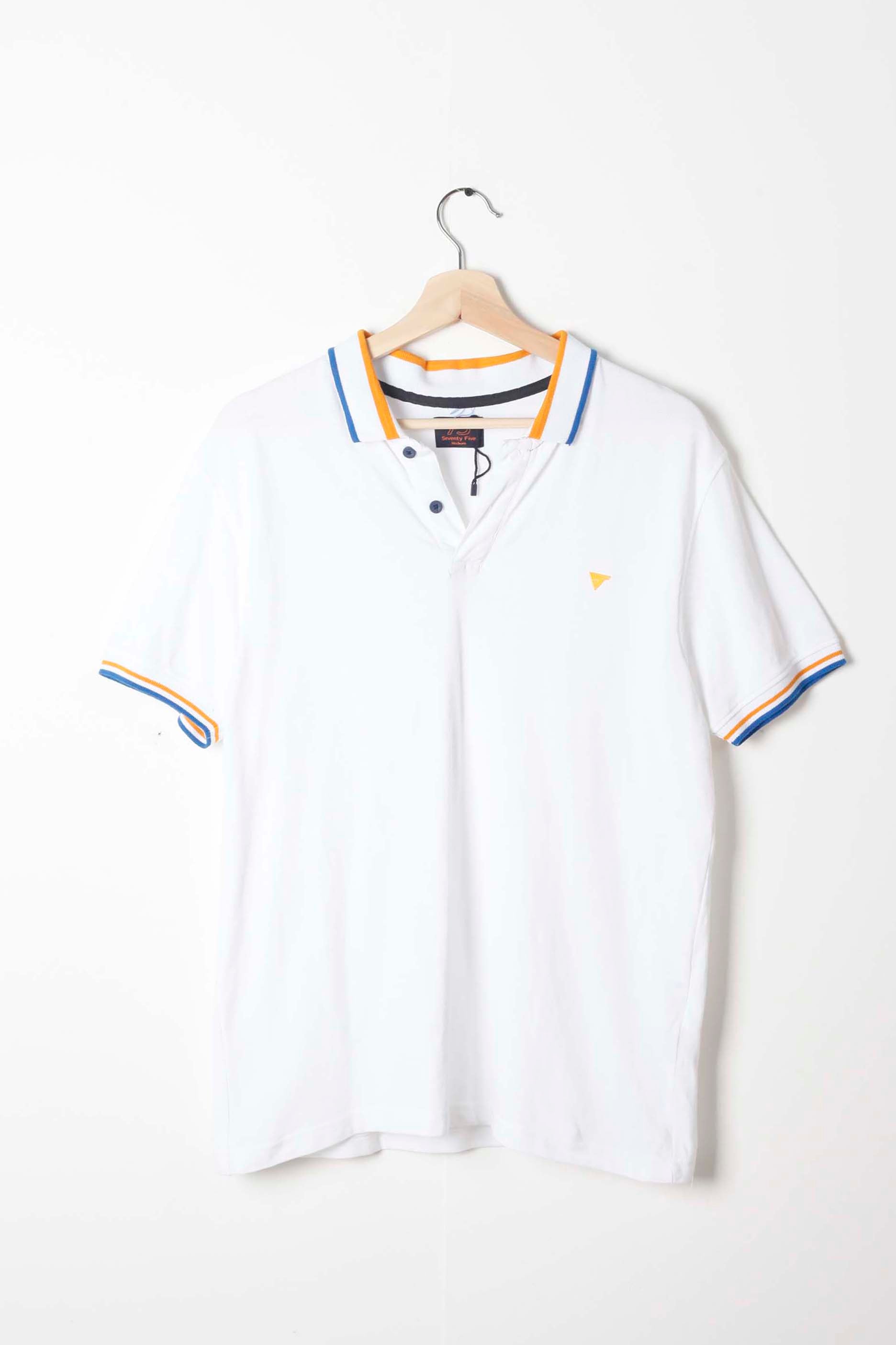 Mens White Polo Shirt with Orange Blue Trim
