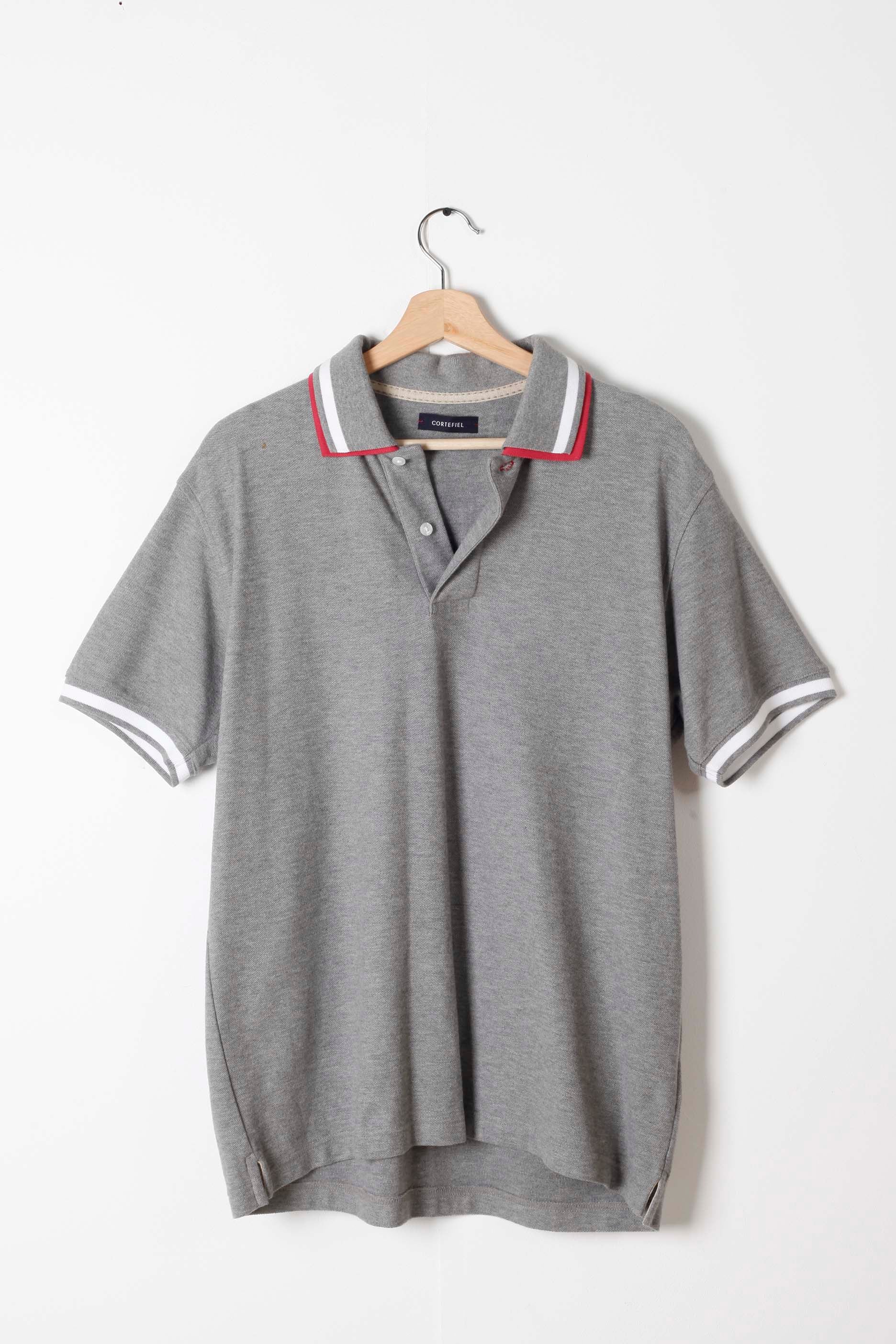 Mens Grey Polo Shirt with Red/White Collar (Large)