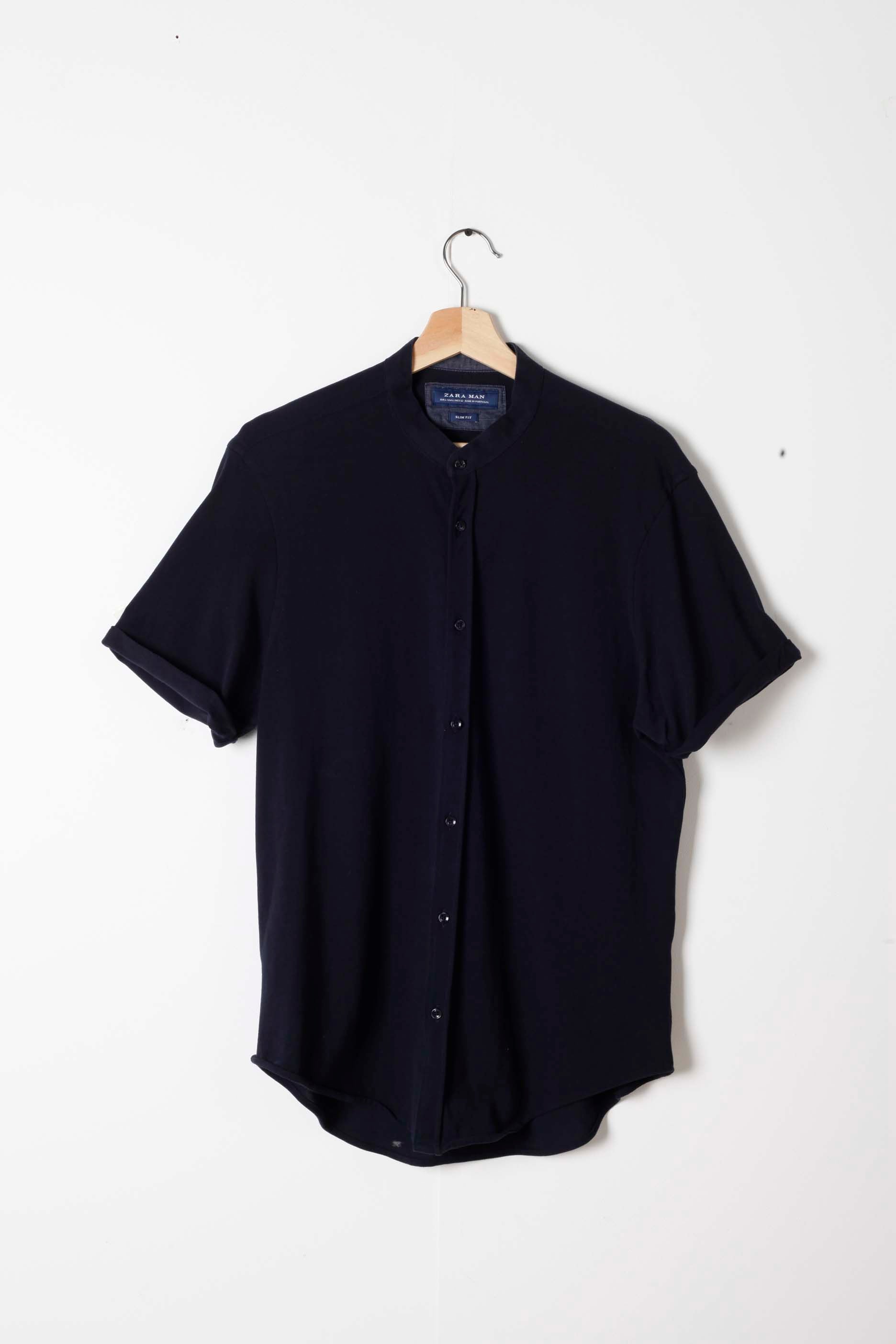 Mens Navy Blue Collarless Polo Shirt