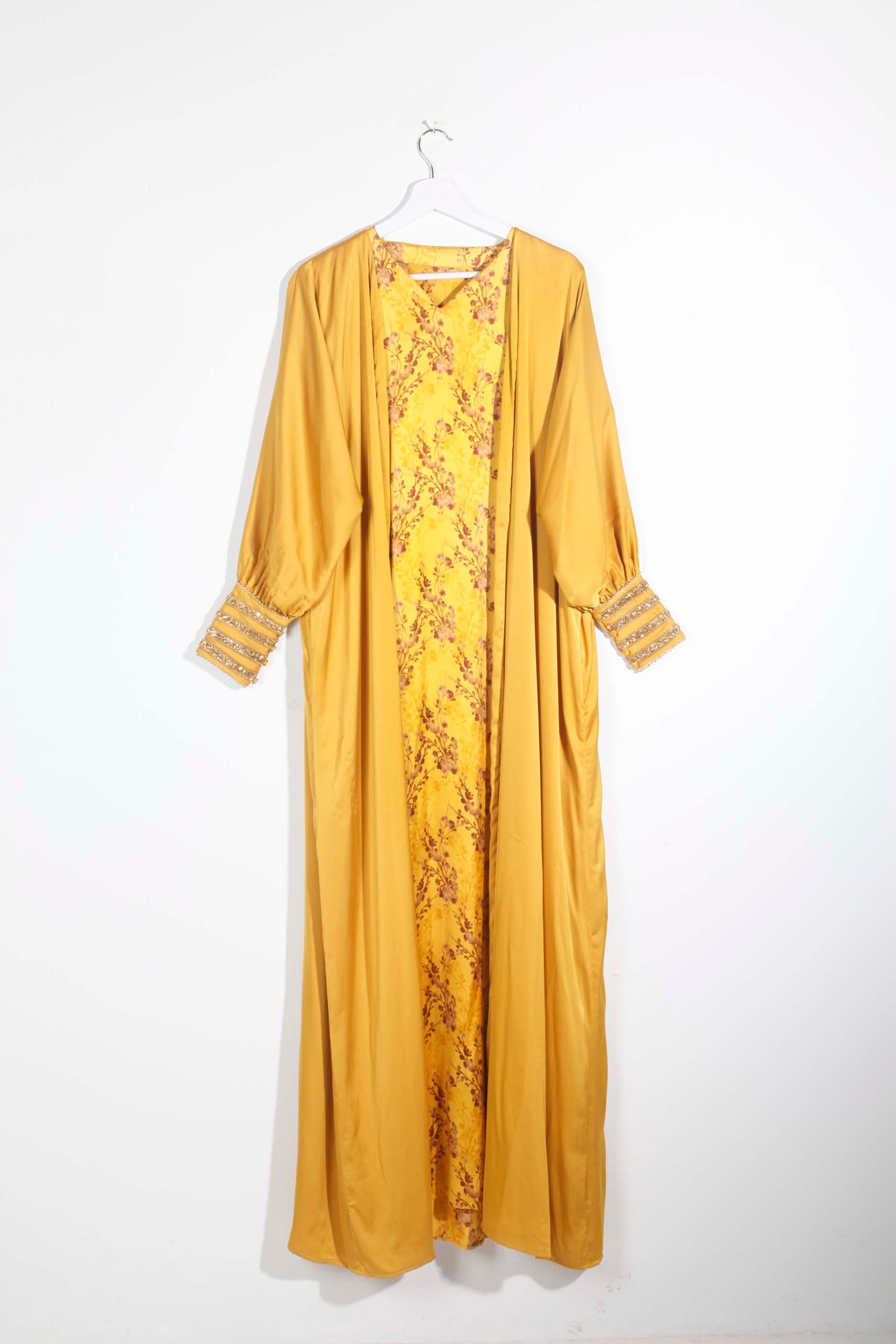Yellow abaya with floral underdress