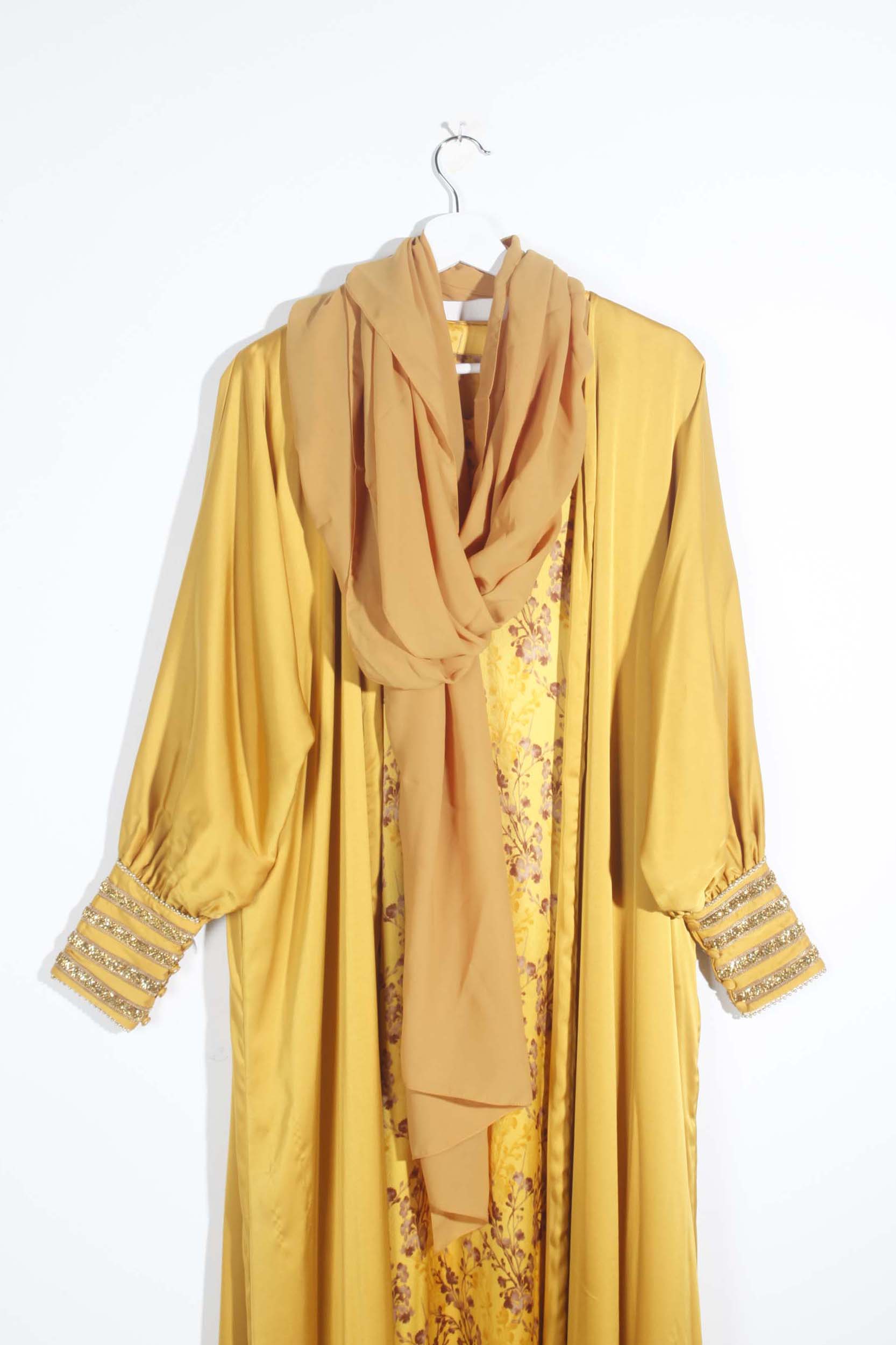 Yellow abaya with floral underdress