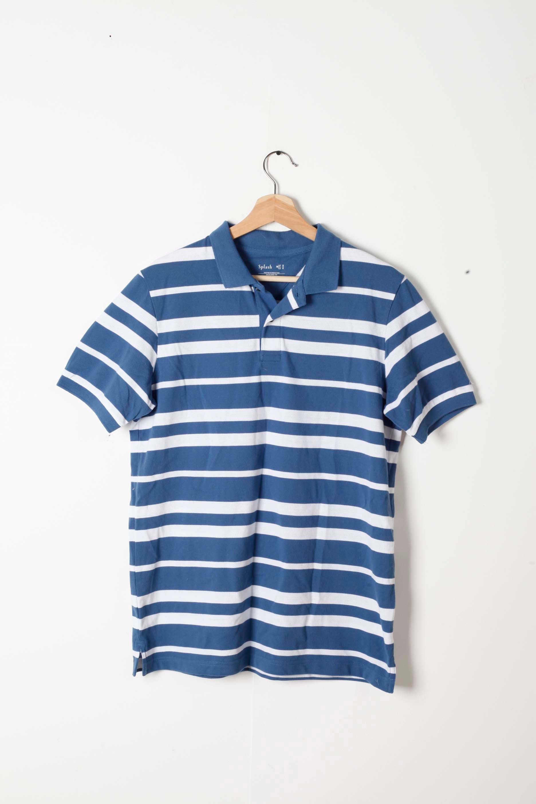 Mens Blue and White Stripe Polo Shirt (Medium)