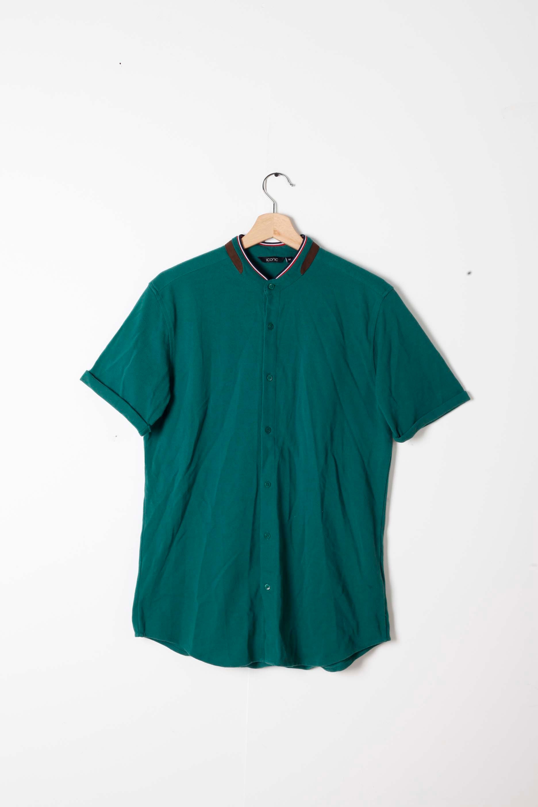 Mens Green Collarless Polo Shirt (Medium)