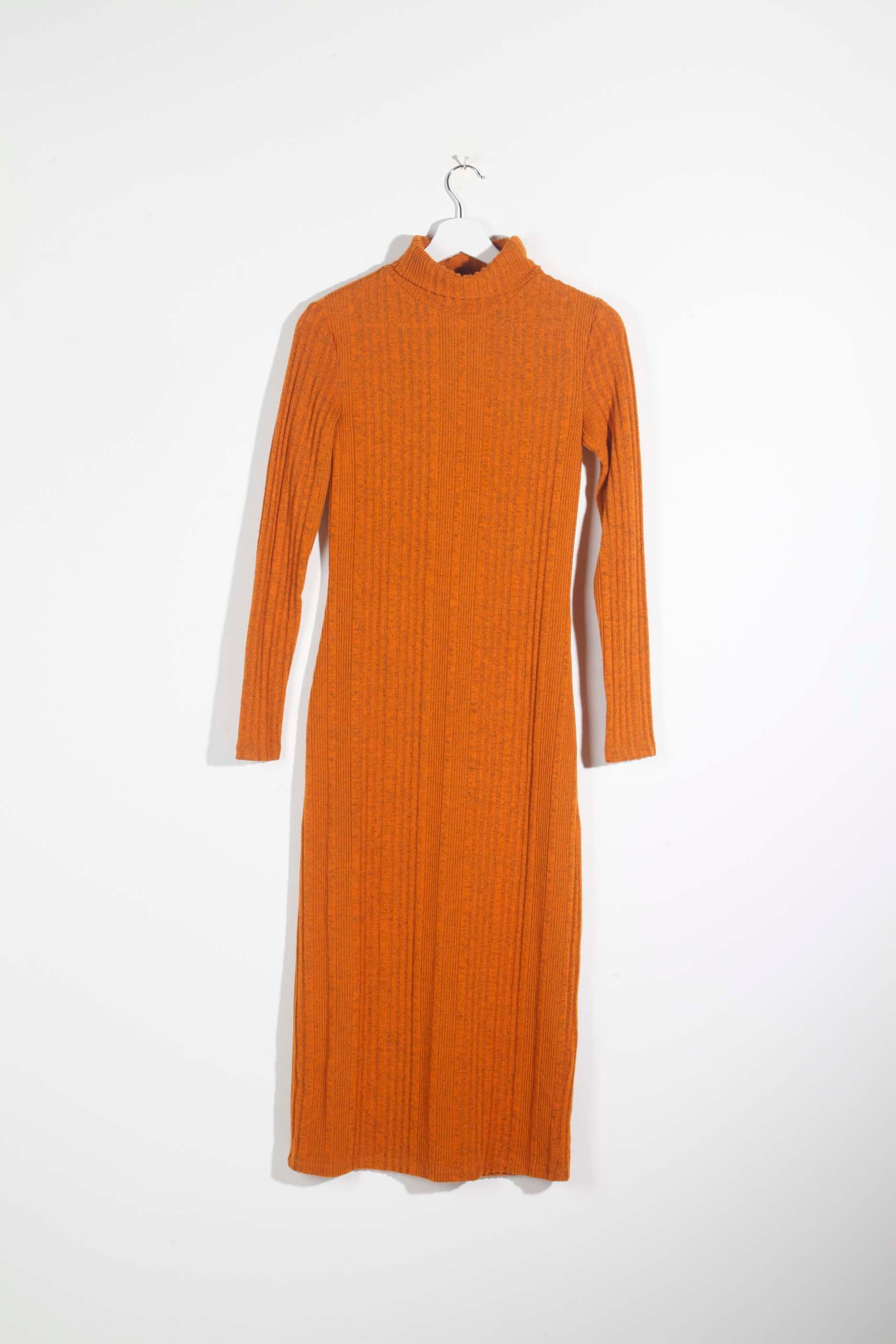 Long Orange Ribbed Rollneck Dress (Small)