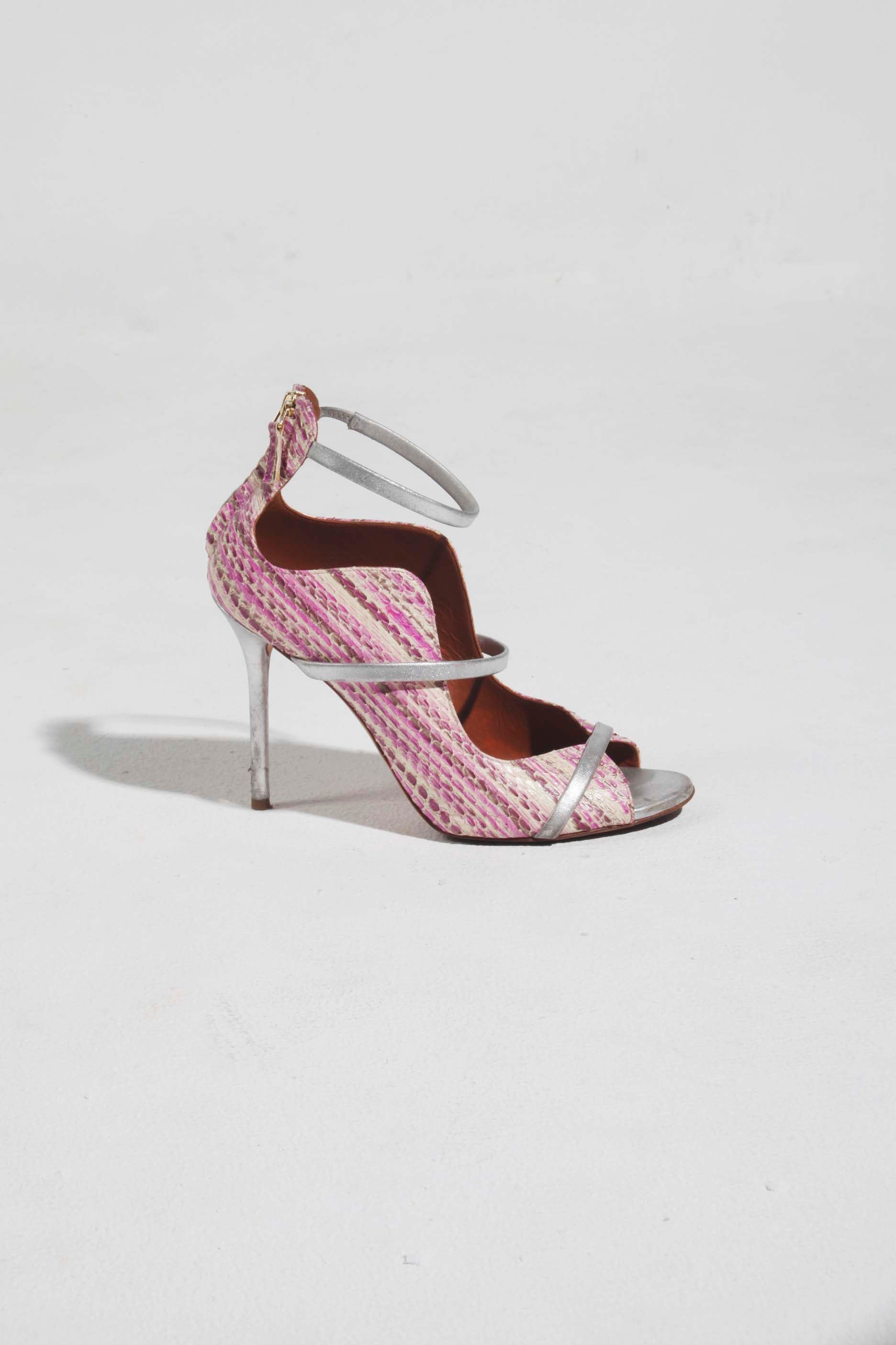 Malone Souliers Purple Snakeskin Peeptoe Heels