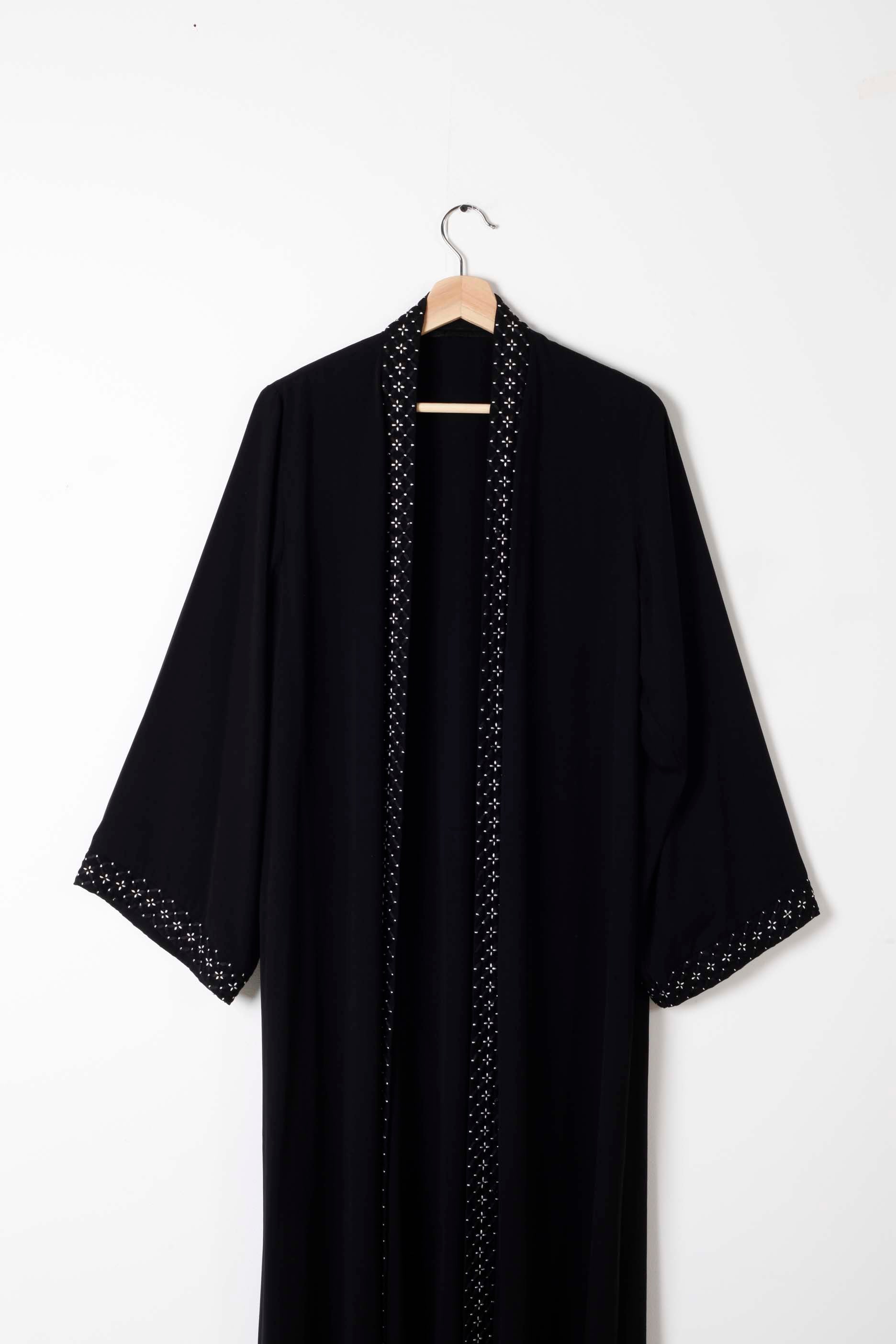 Black Abaya with White Embroidery Flowers