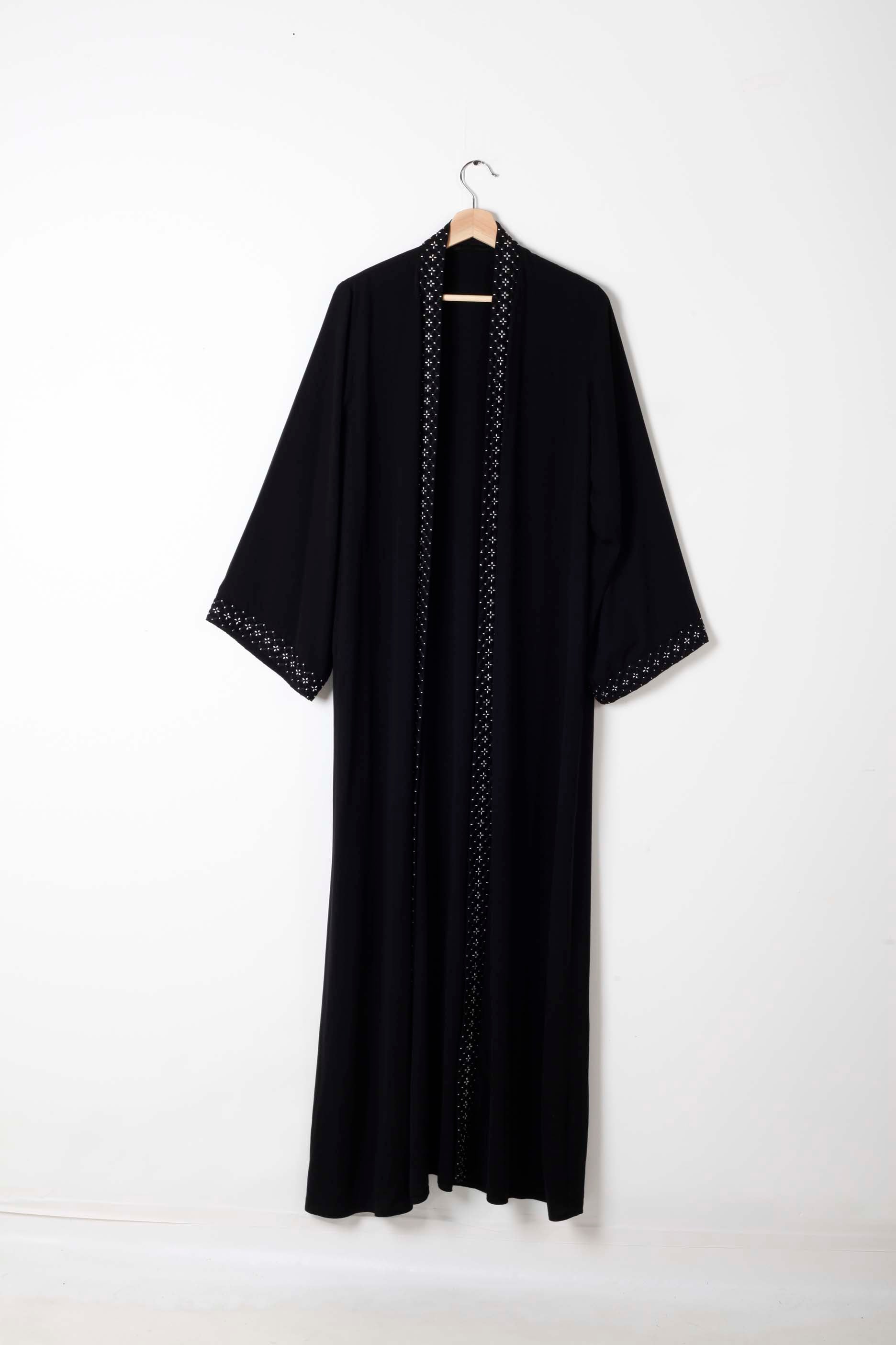 Black Abaya with White Embroidery Flowers
