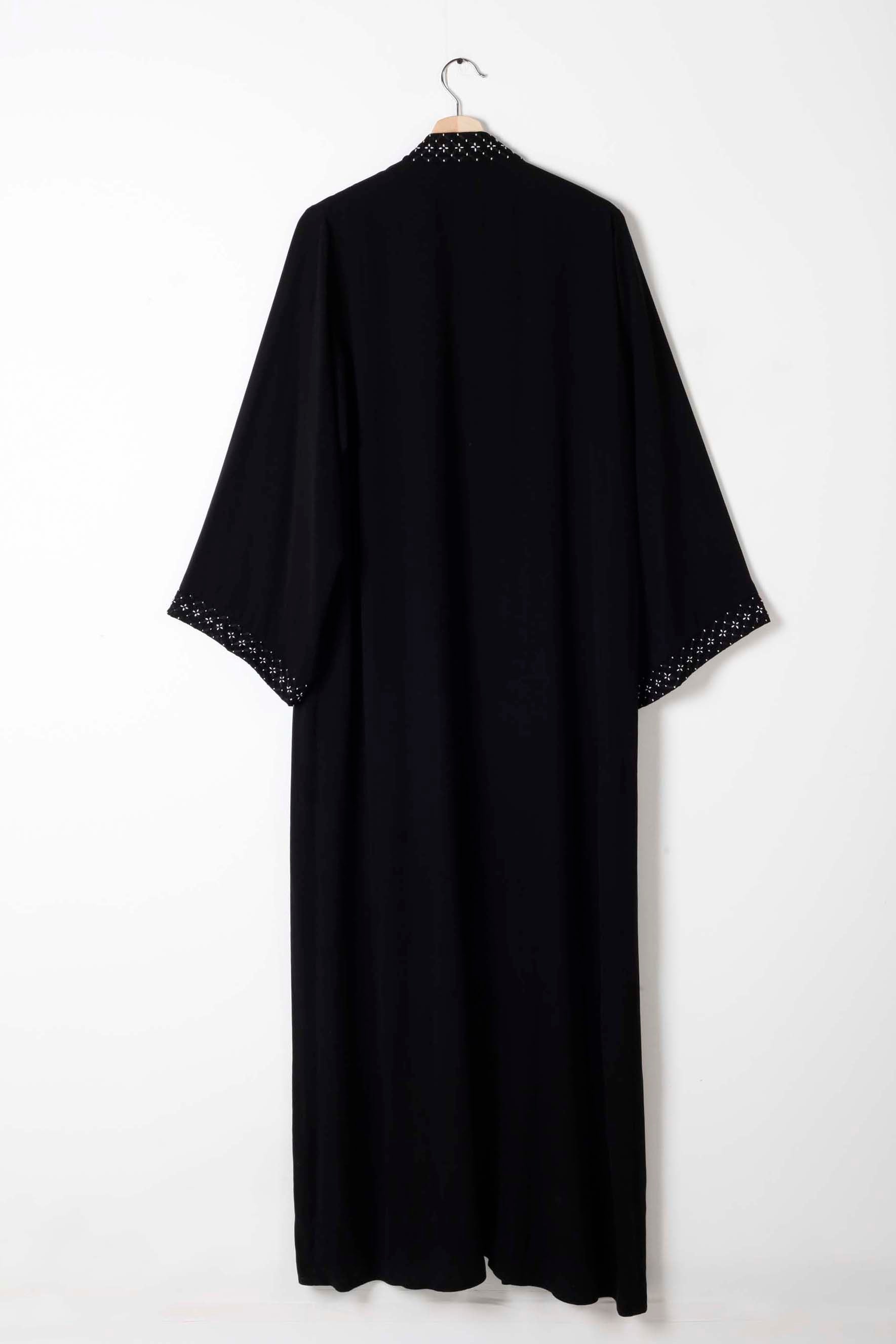 Black Abaya with White Embroidery Flowers