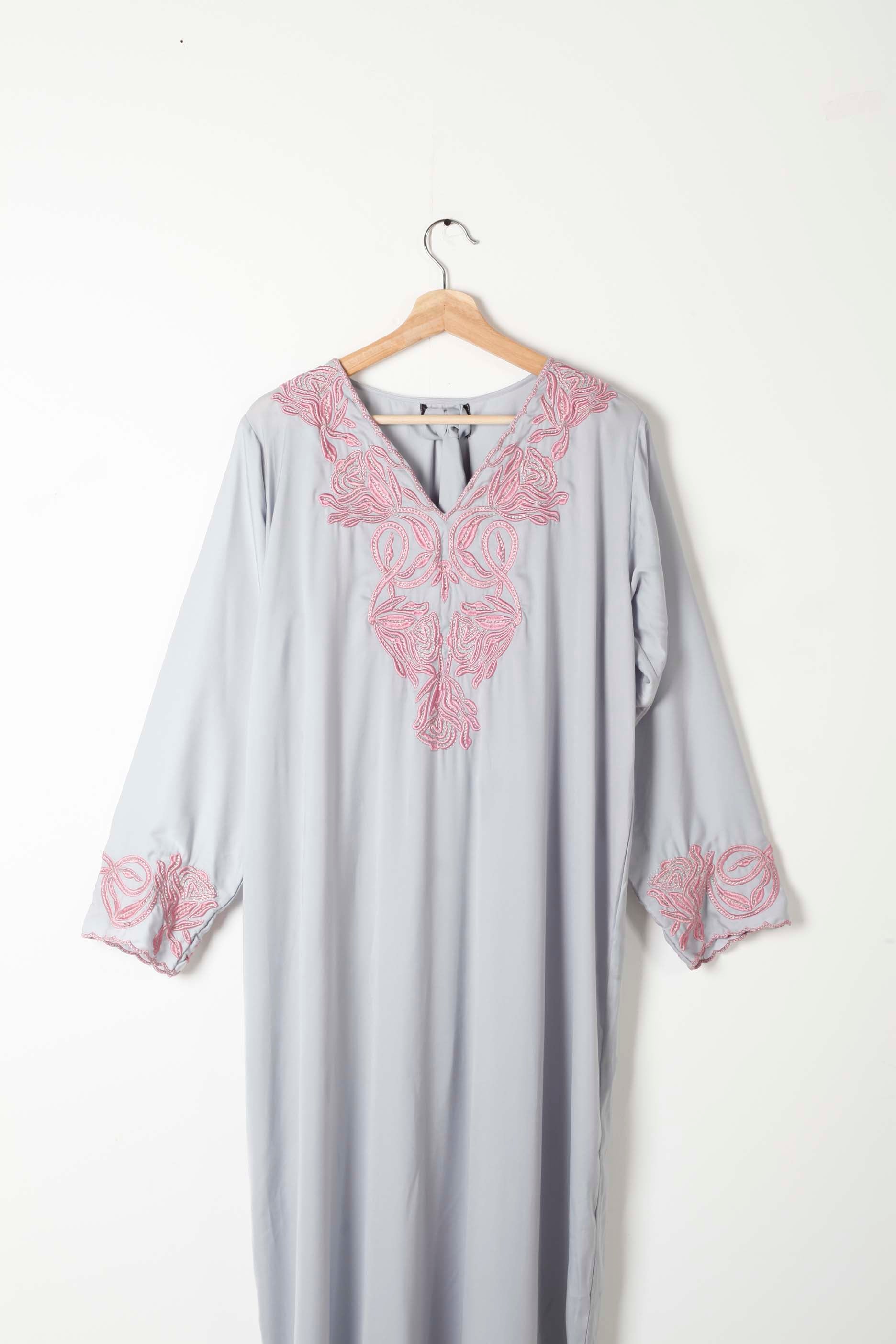 Grey Jalabiya with Pink Embroidery