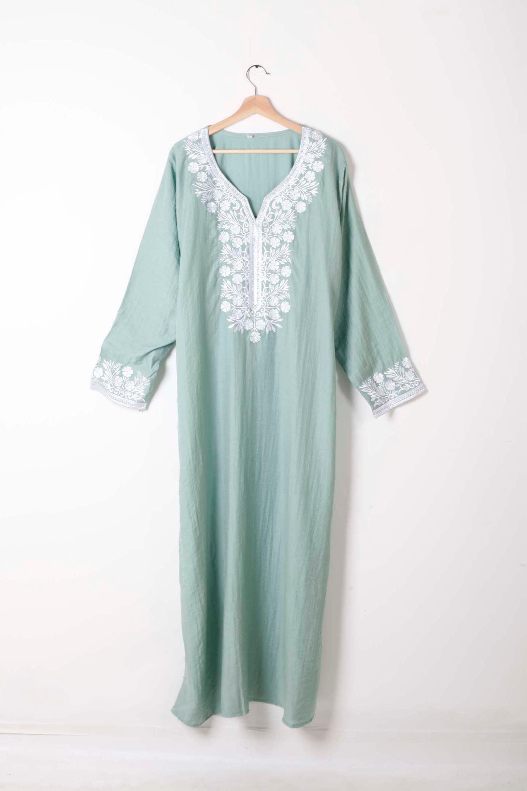 Green Jalabiya with White Embroidery