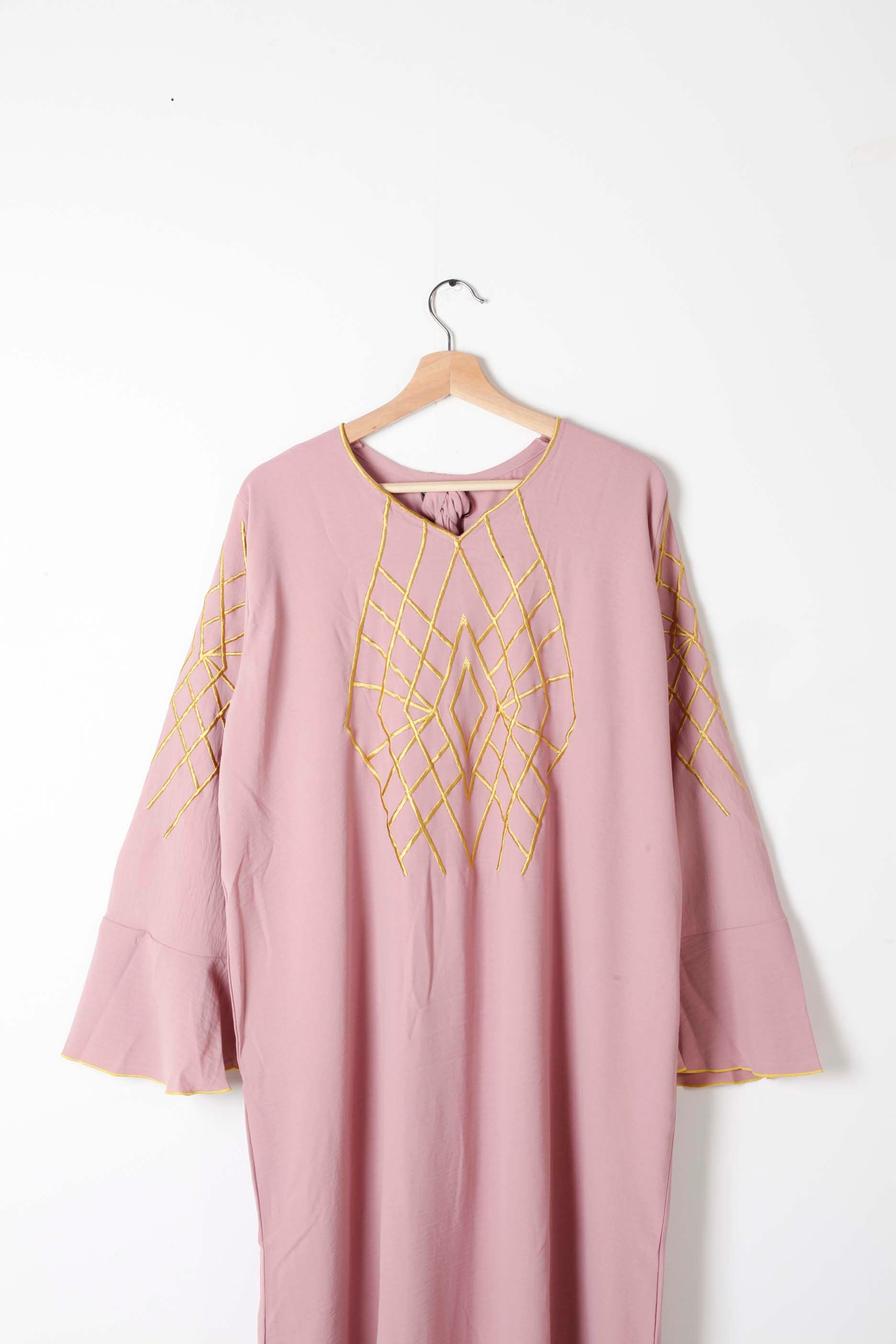 Pink Jalabiya with Graphic Gold Embroidery