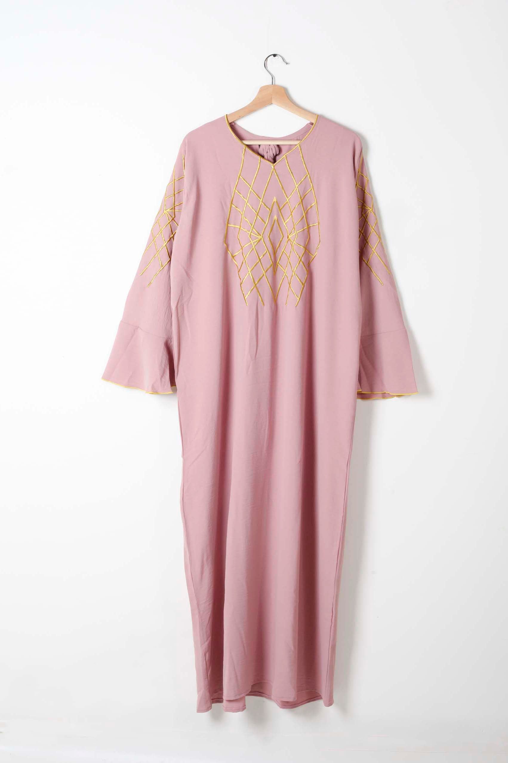 Pink Jalabiya with Graphic Gold Embroidery