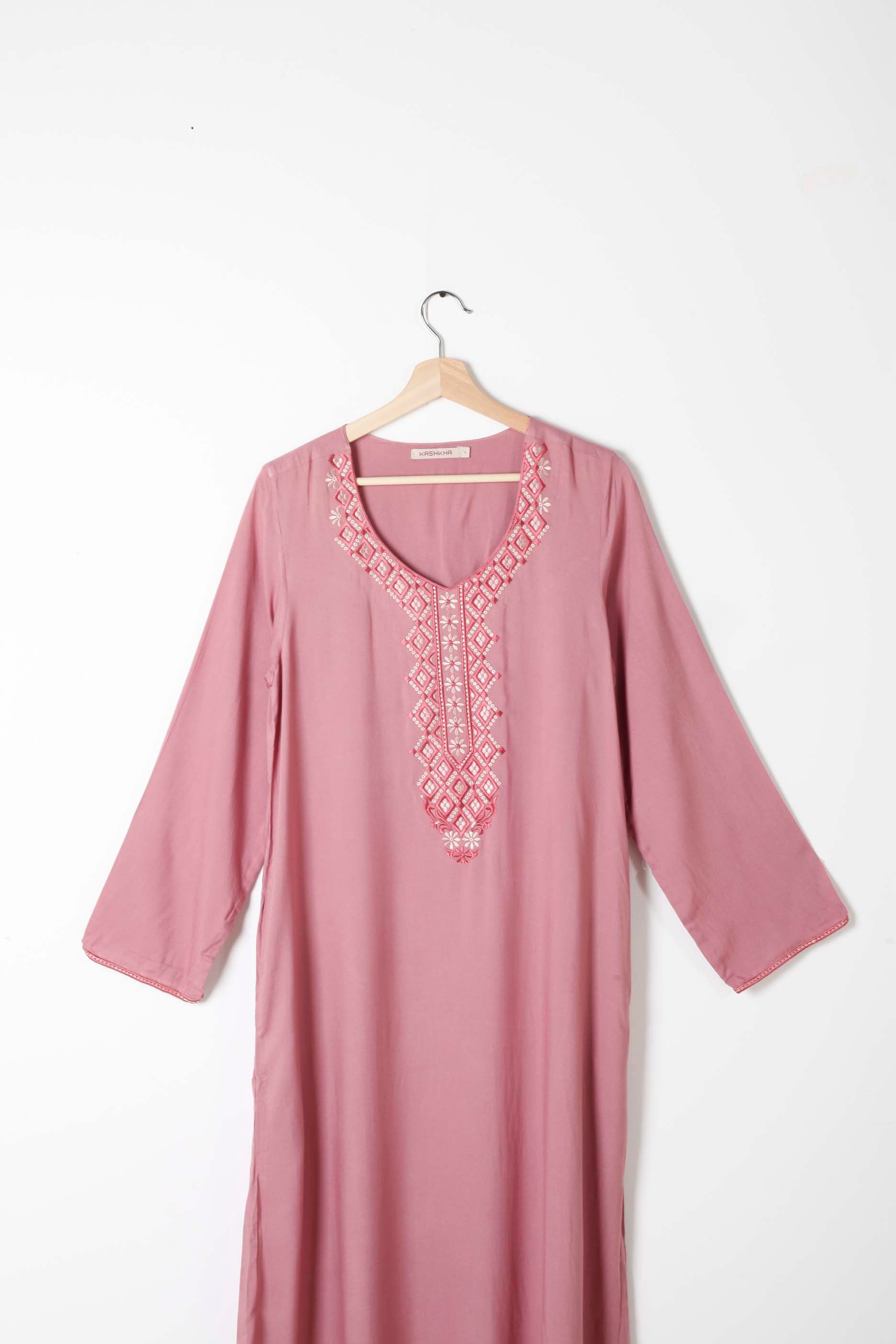 Pink Jalabiya with Embroidered Neckline
