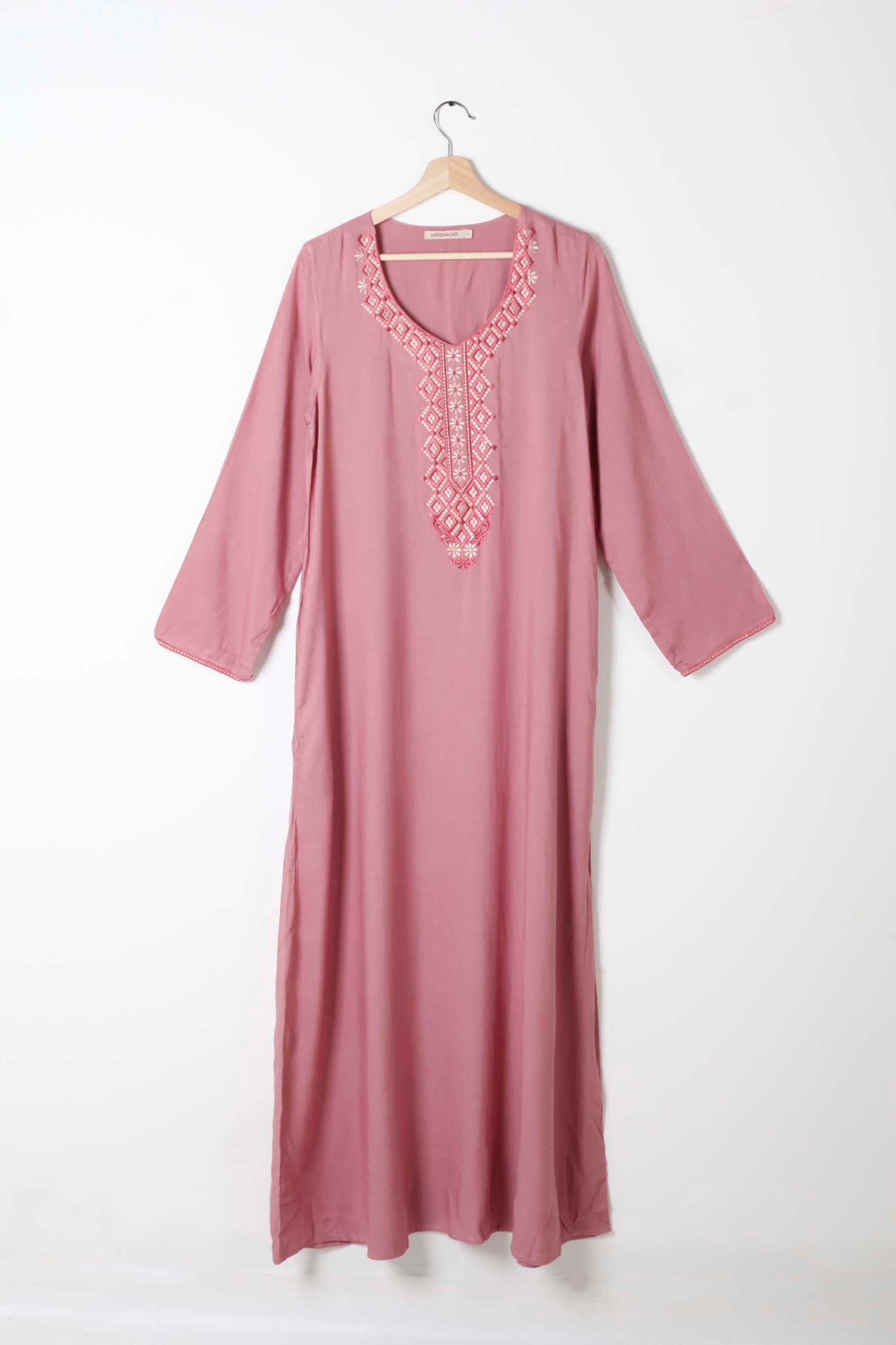 Pink Jalabiya with Embroidered Neckline