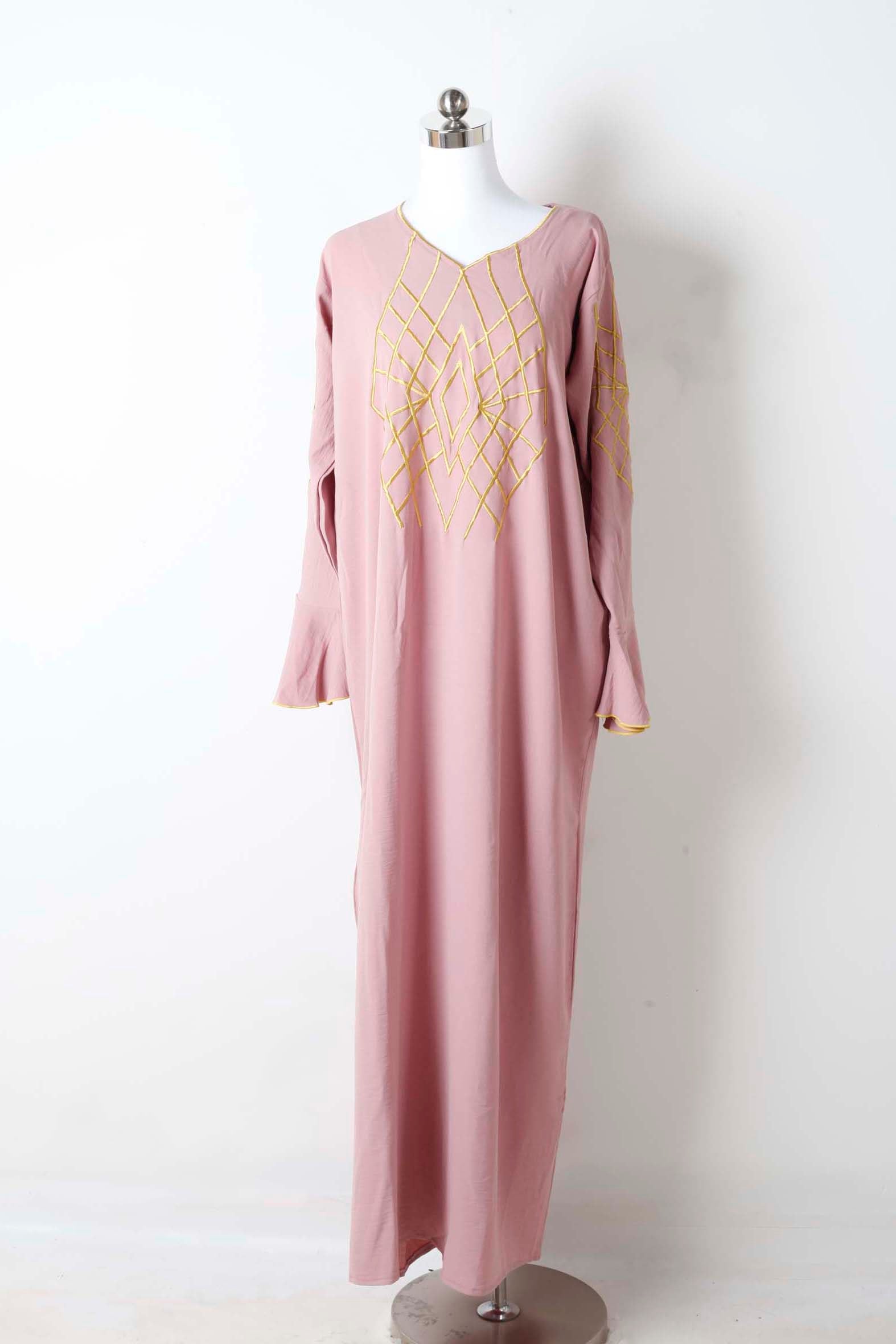 Pink Jalabiya with Graphic Gold Embroidery