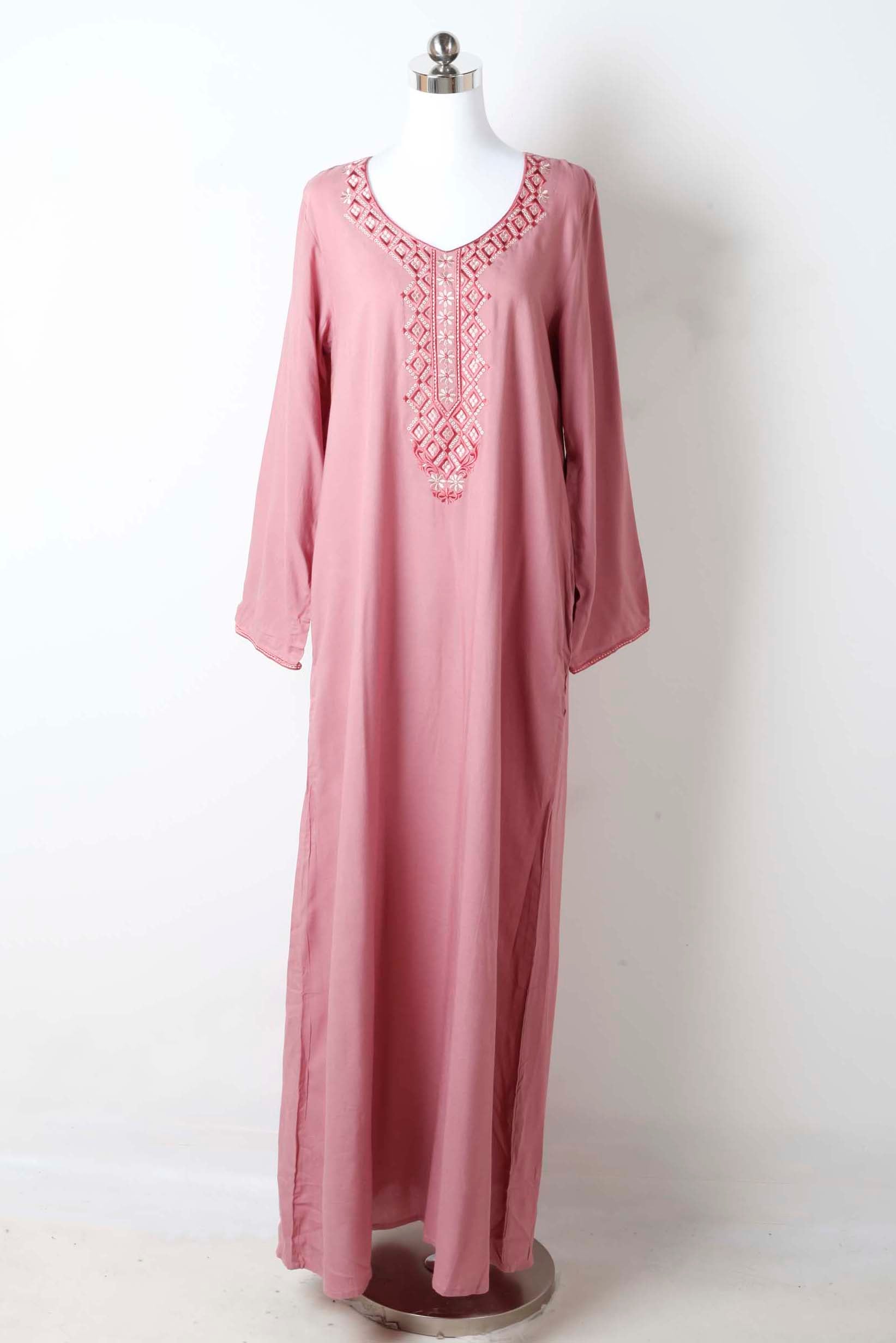 Pink Jalabiya with Embroidered Neckline