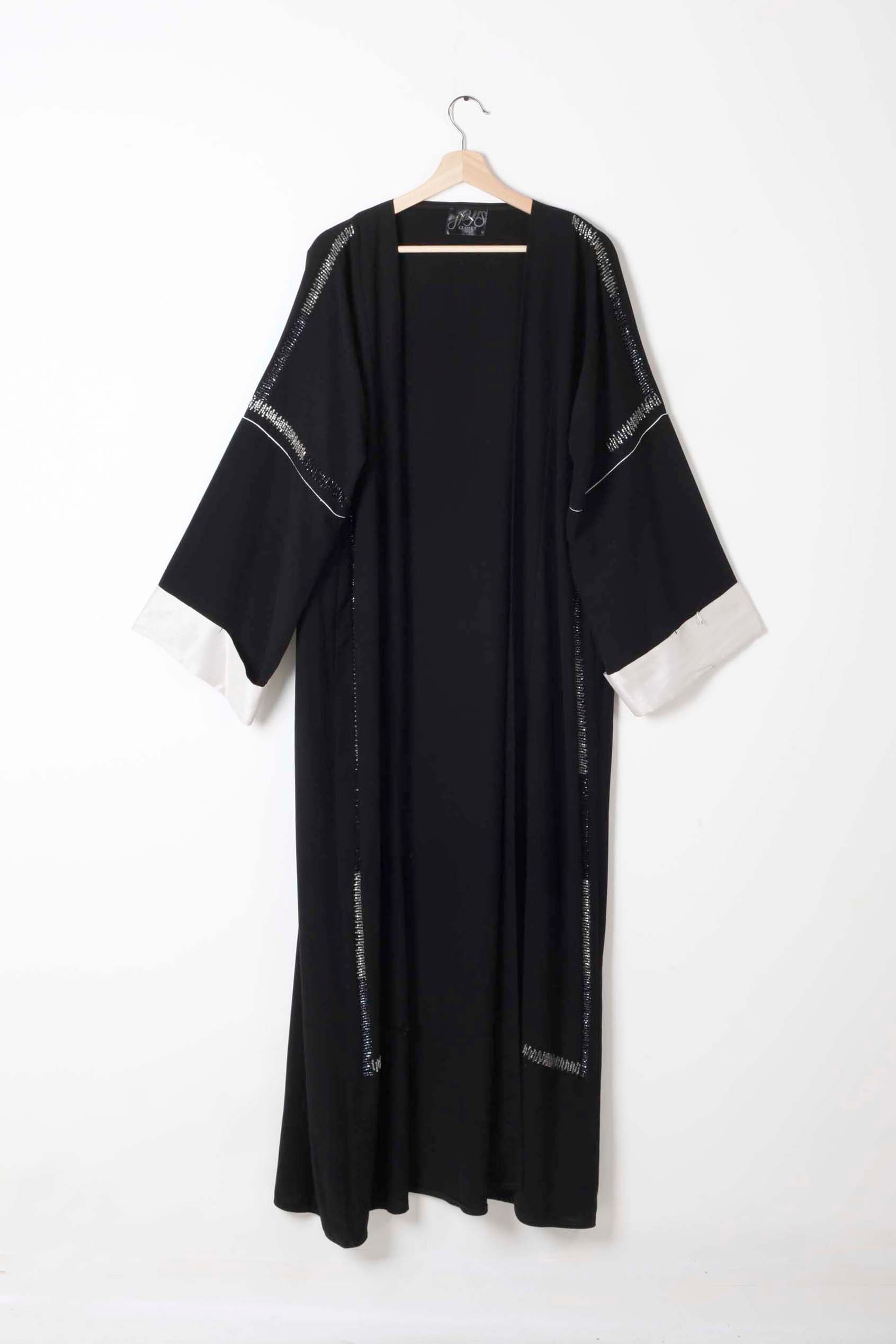Black Abaya with White Cuffs and Silver Beading