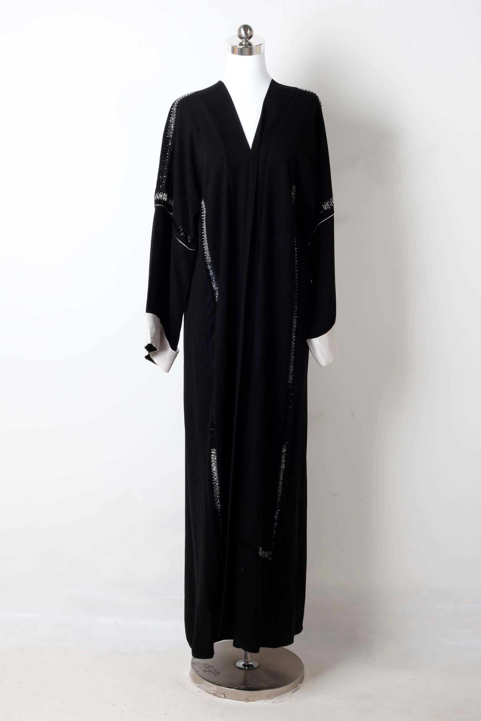 Black Abaya with White Cuffs and Silver Beading