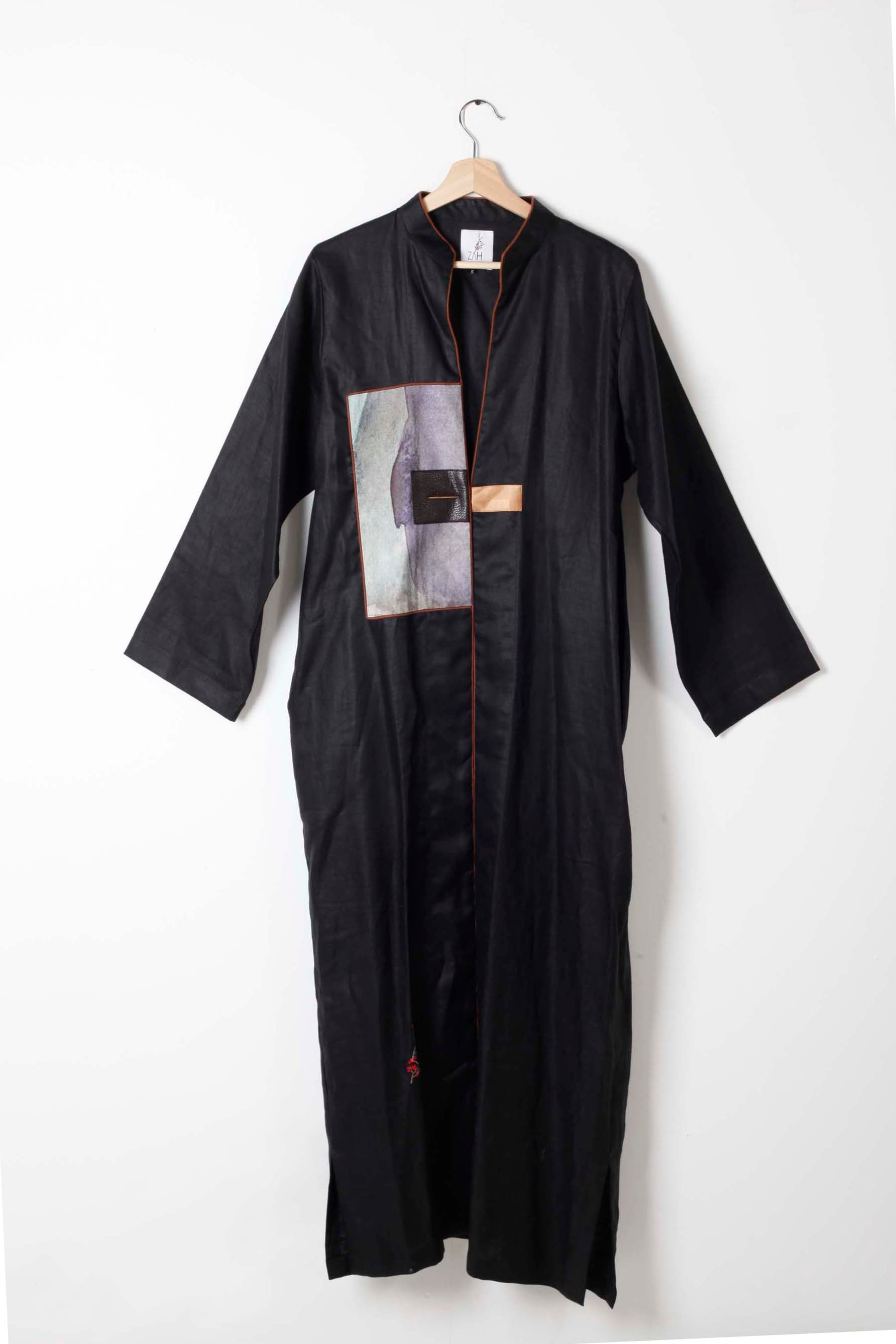 Black Linen Abaya with Contrasting Panel