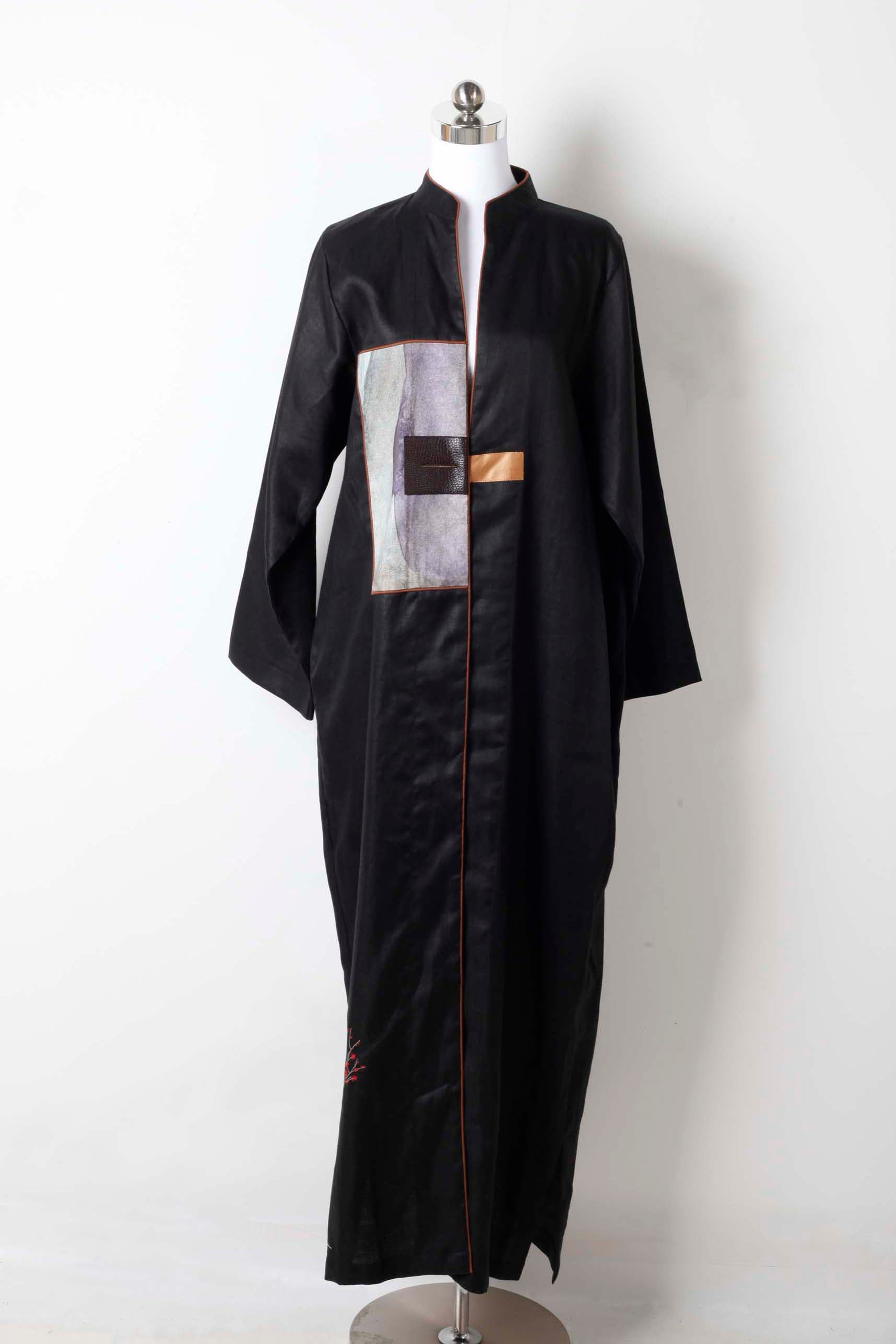 Black Linen Abaya with Contrasting Panel