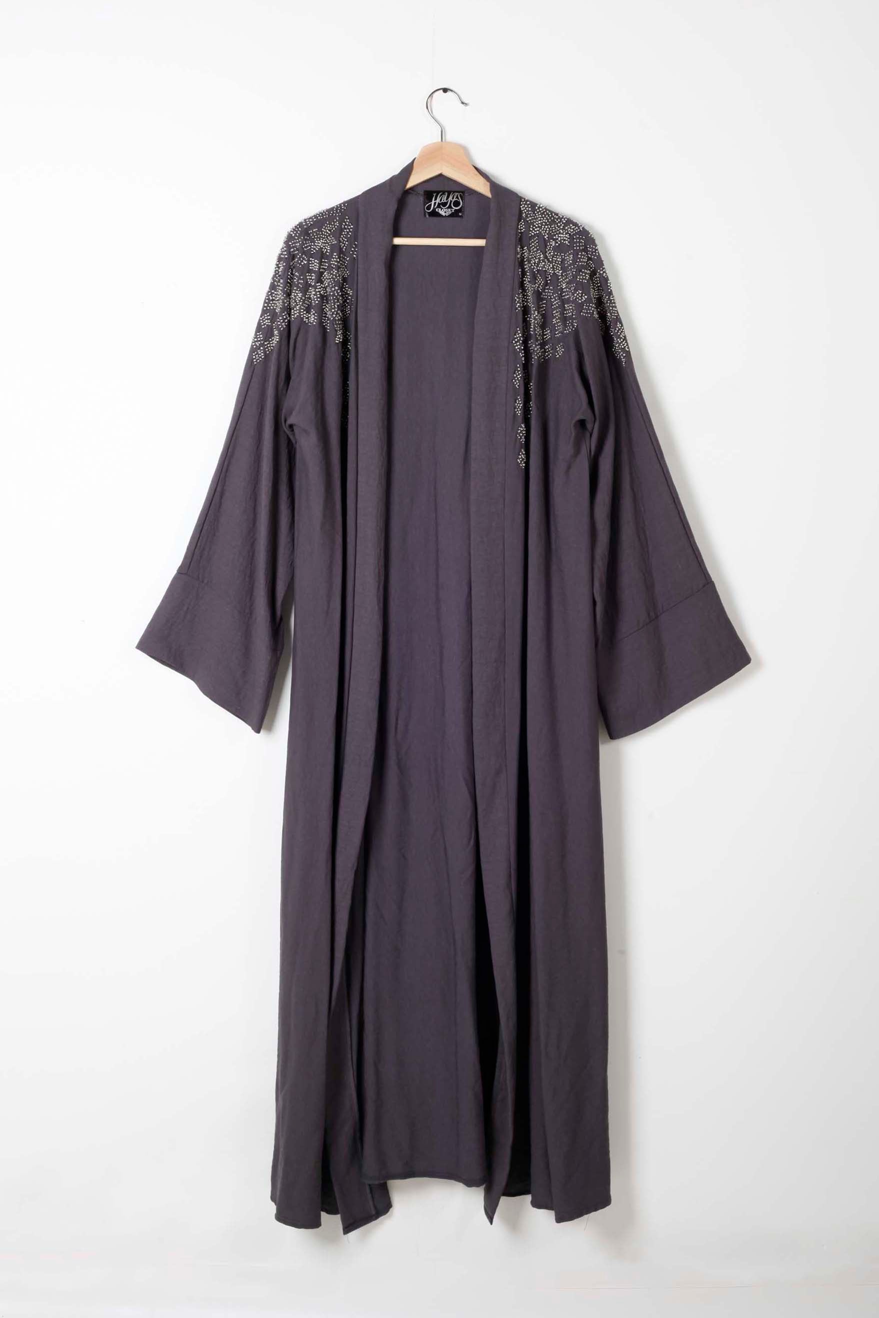 Grey Abaya with Beaded Shoulder Detail
