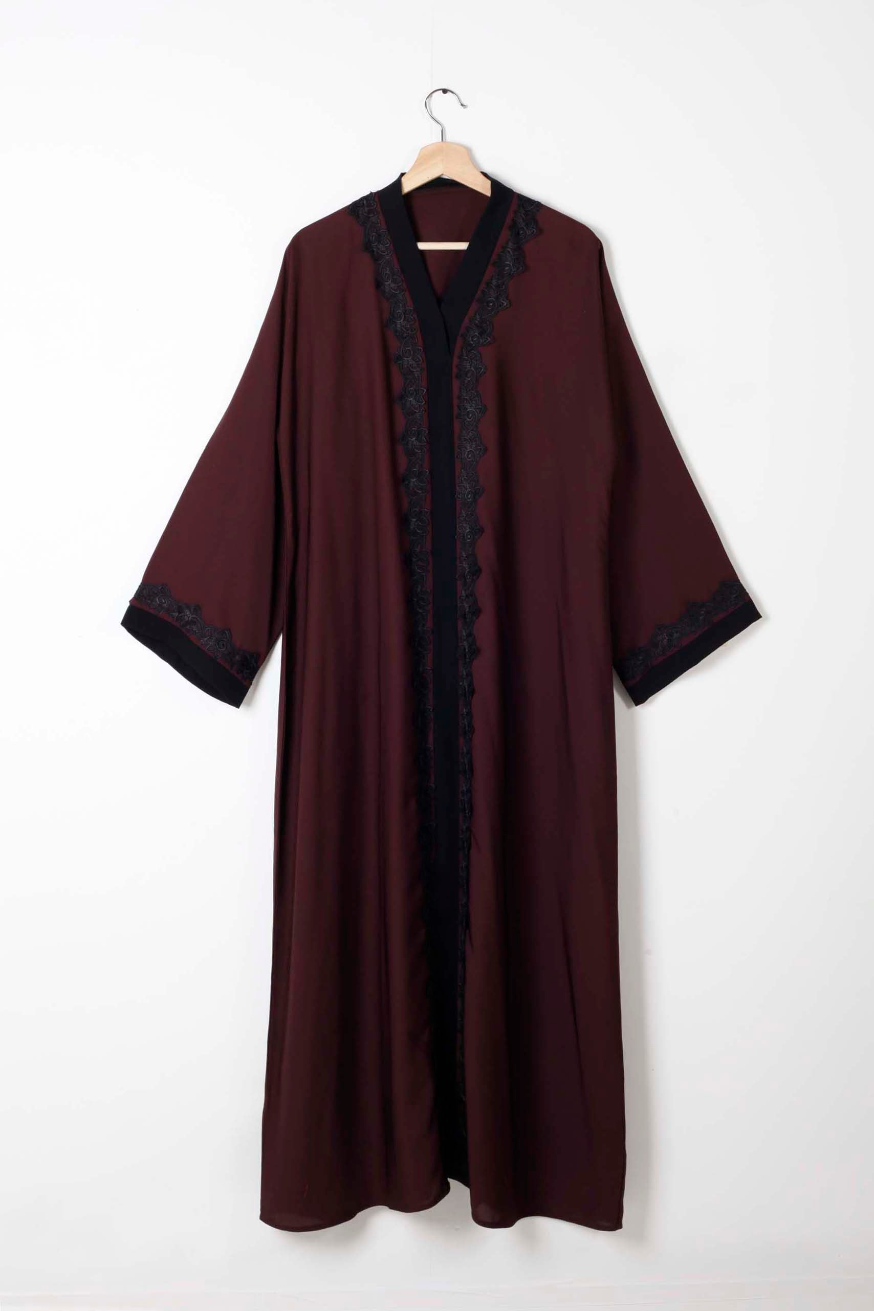 Maroon Abaya with Black Lace Detailing