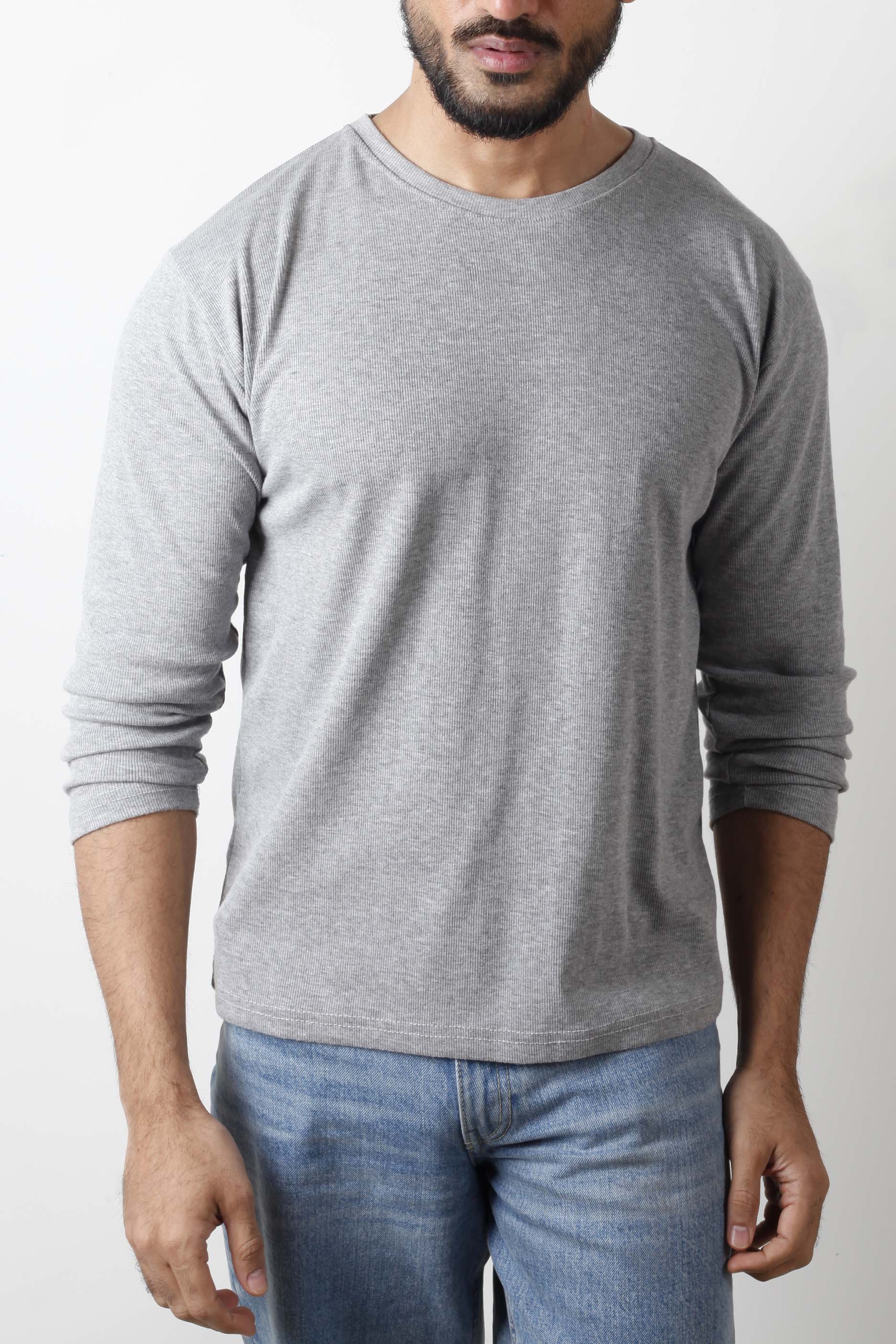 Mens Grey Ribbed Crew Neck Top