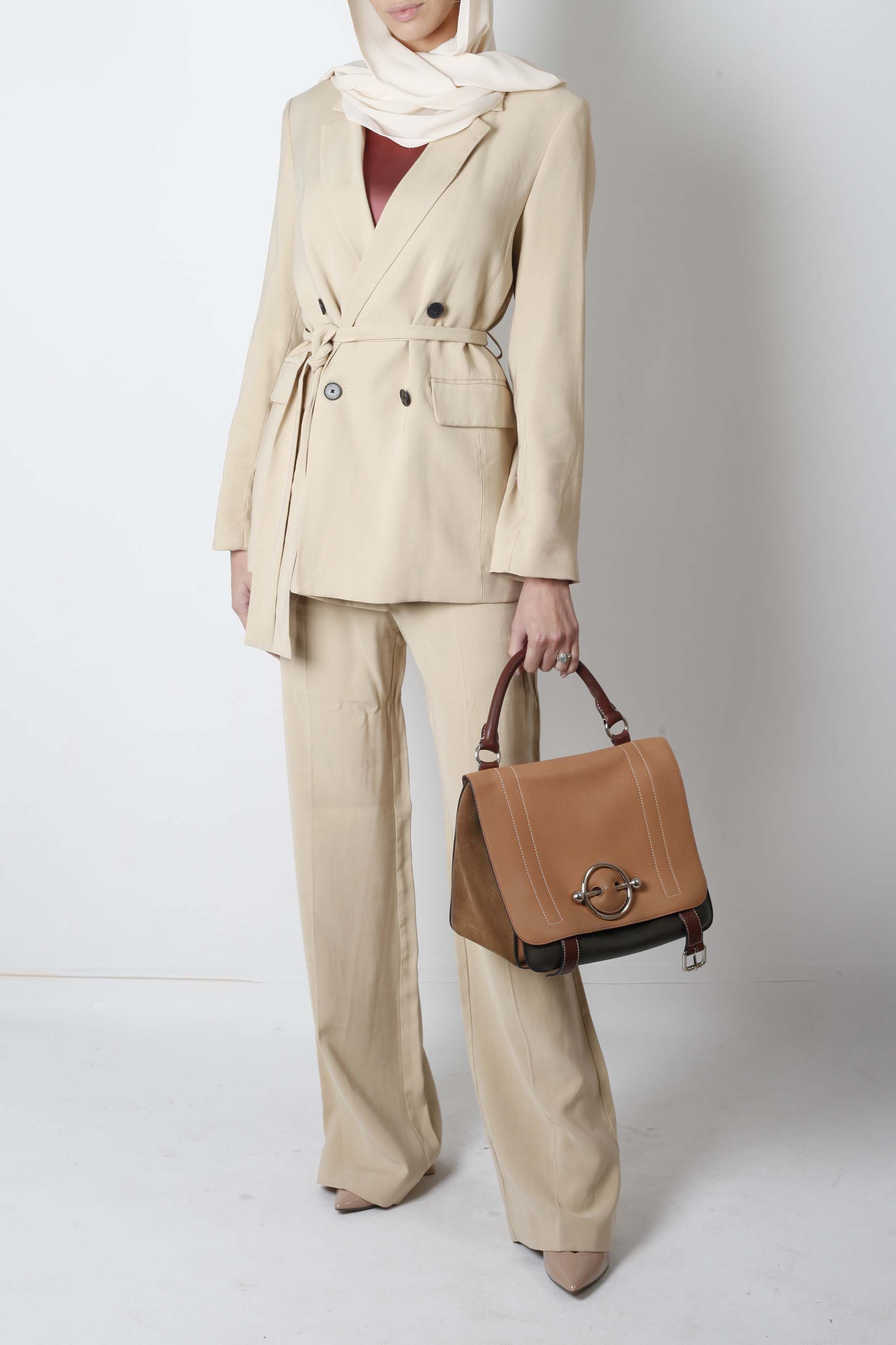 Women's Beige Tie-Waist Trouser Suit