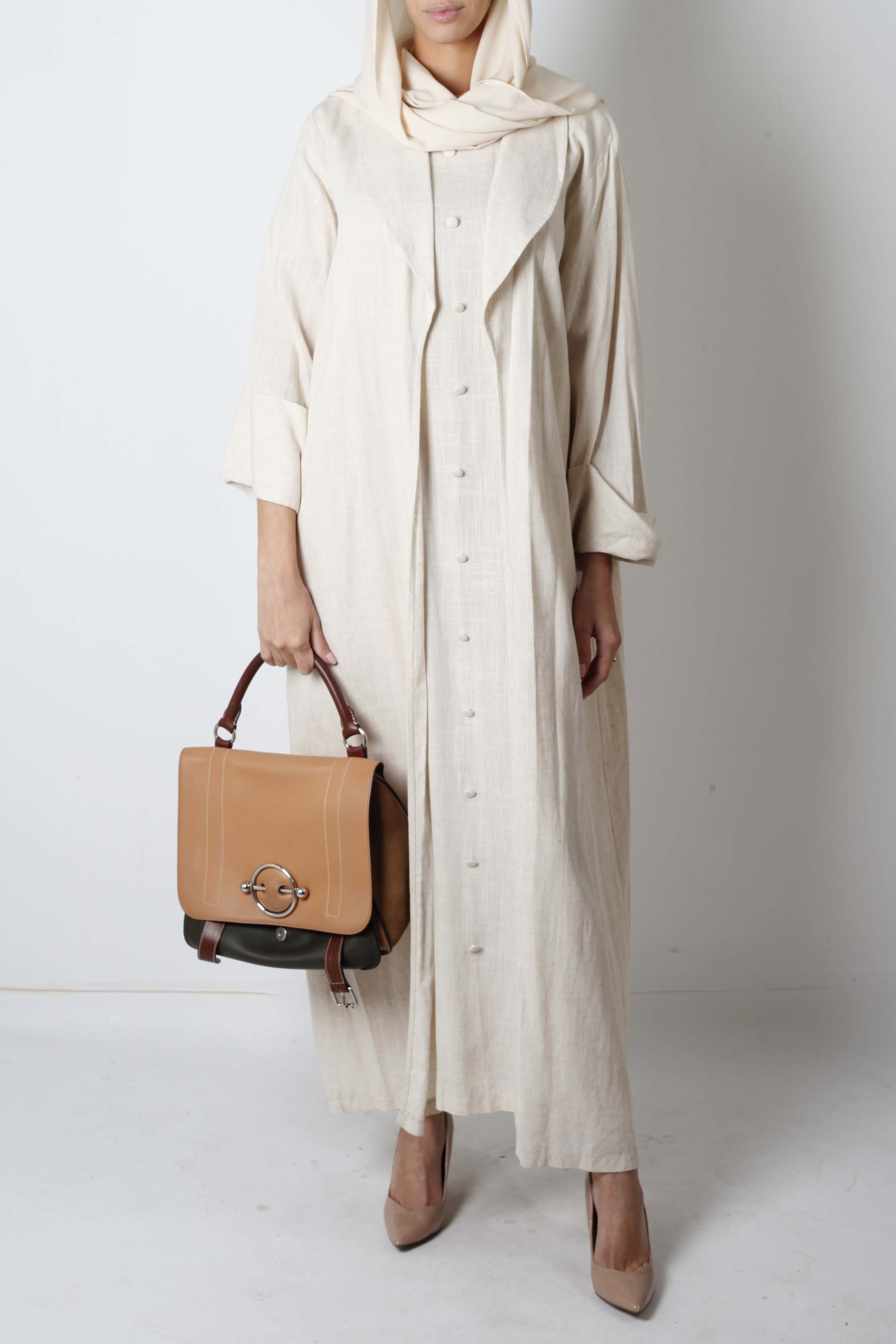 Beige Linen Abaya Set