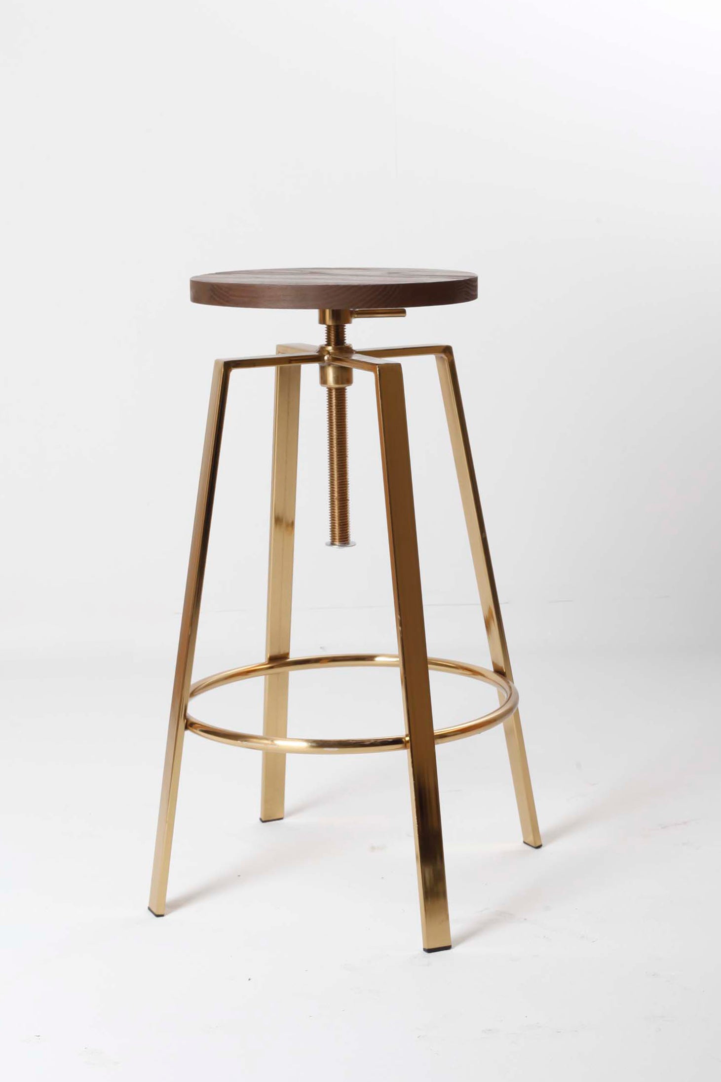 WOODEN BAR STOOL WITH BRASS LEGS - ADJUSTABLE HEIGHT