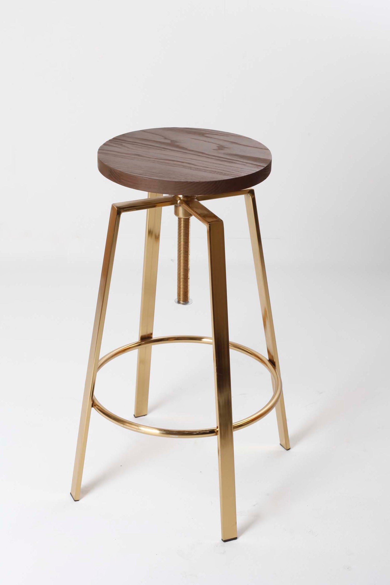 WOODEN BAR STOOL WITH BRASS LEGS - ADJUSTABLE HEIGHT