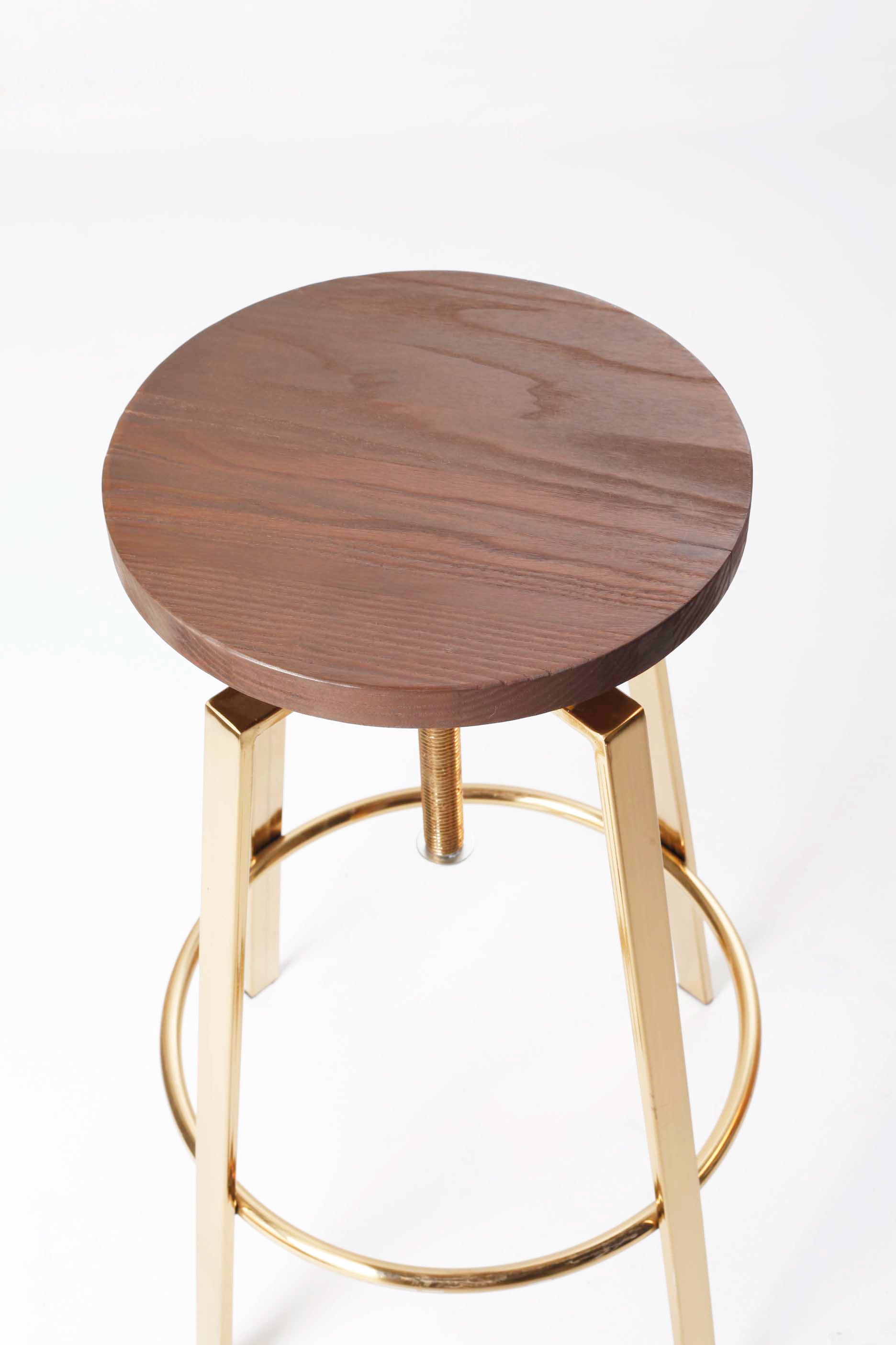 WOODEN BAR STOOL WITH BRASS LEGS - ADJUSTABLE HEIGHT