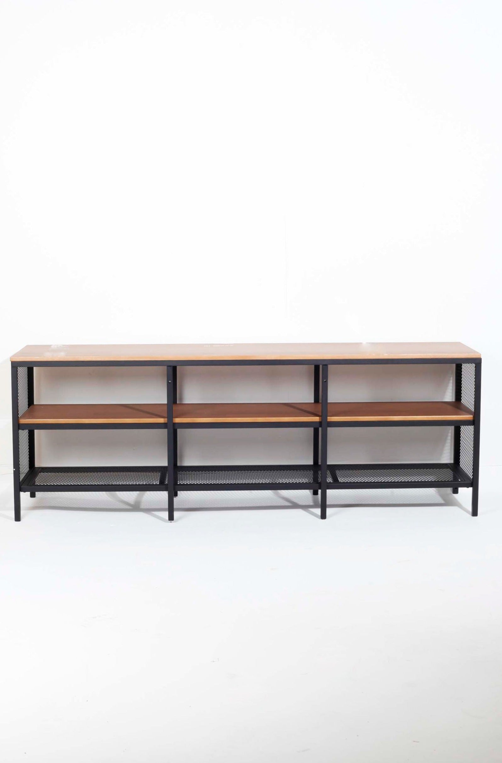 INDUSTRIAL TV CONSOLE WITH WOOD TOP & SHELF