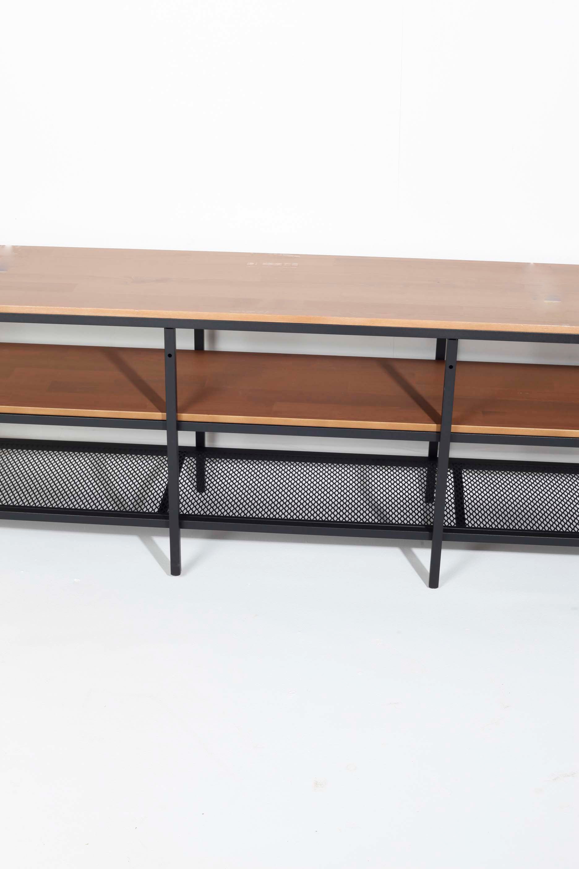 INDUSTRIAL TV CONSOLE WITH WOOD TOP & SHELF