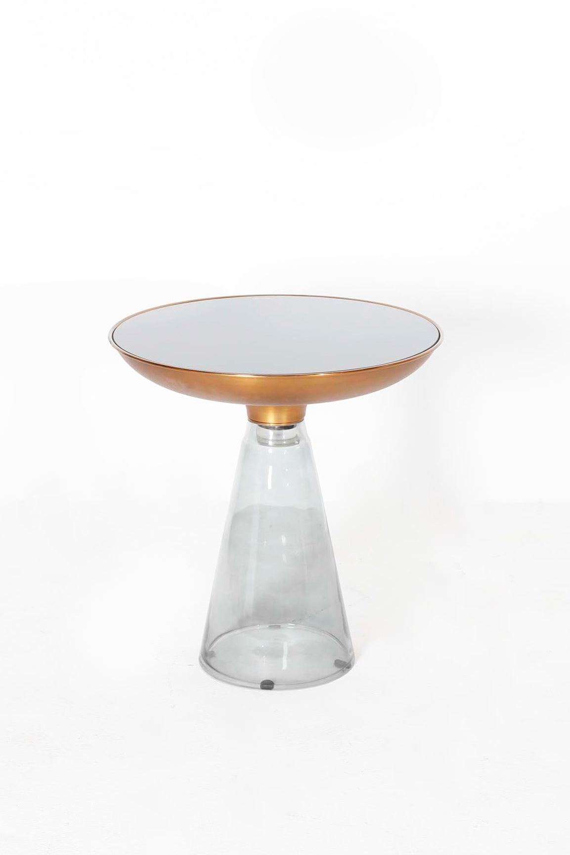 Round Side Table With Black Glass and Bronze Top, Glass Base