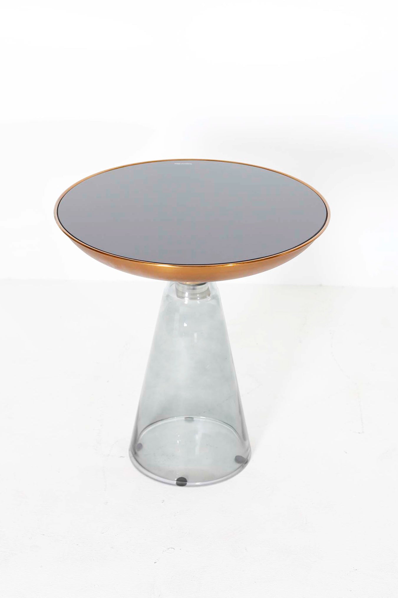Round Side Table With Black Glass and Bronze Top, Glass Base