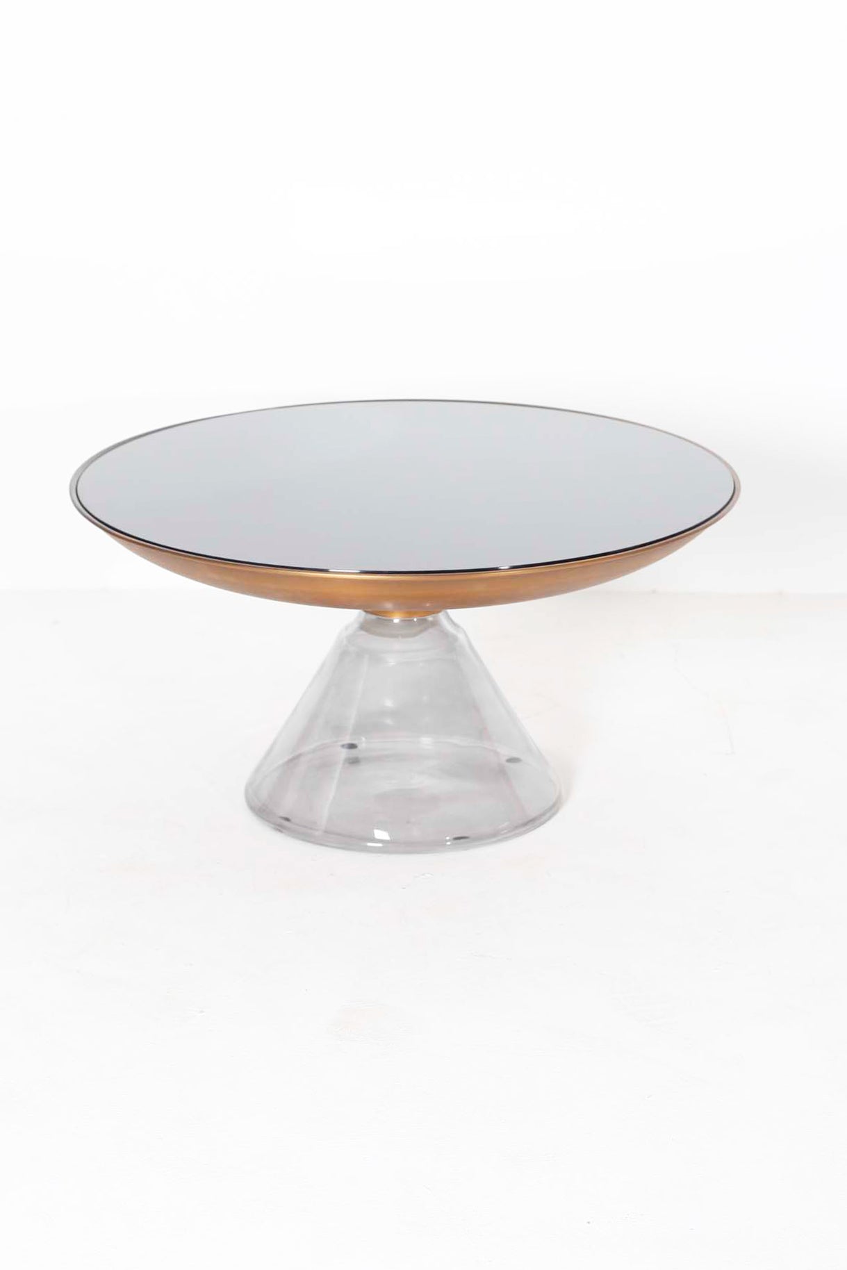 Large Round Coffee Table With Glass Base & Bronze Trim