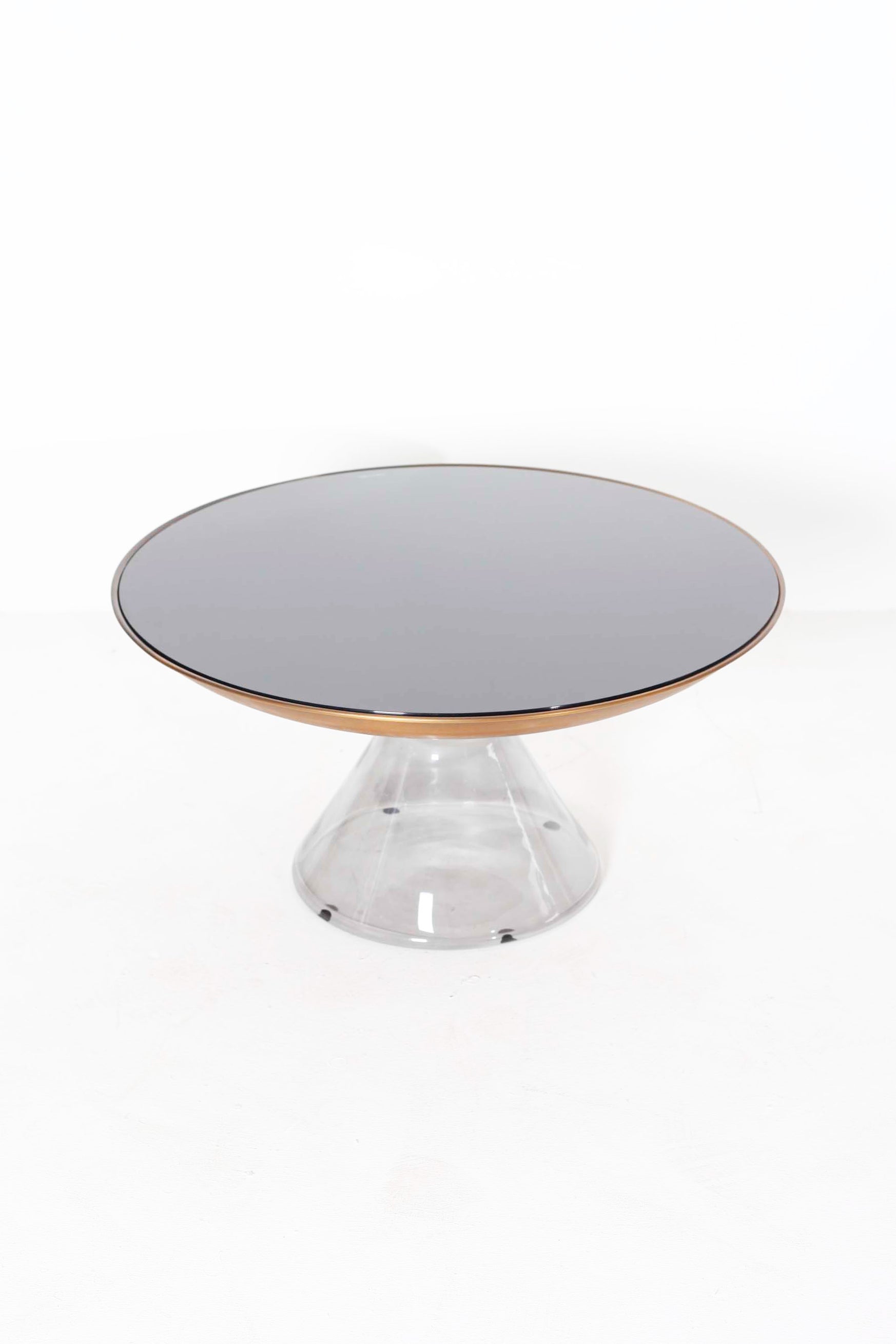 Large Round Coffee Table With Glass Base & Bronze Trim