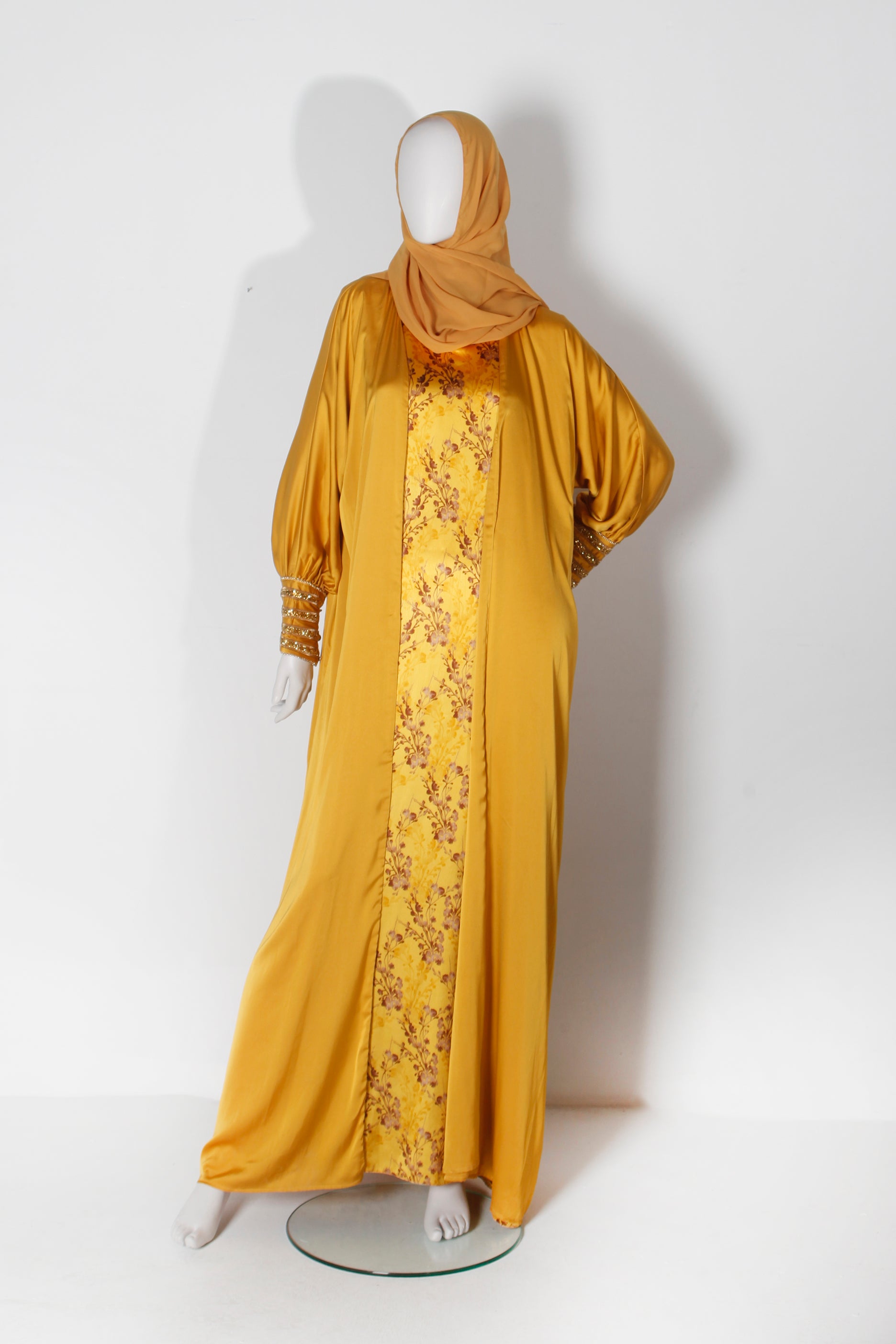 Yellow abaya with floral underdress