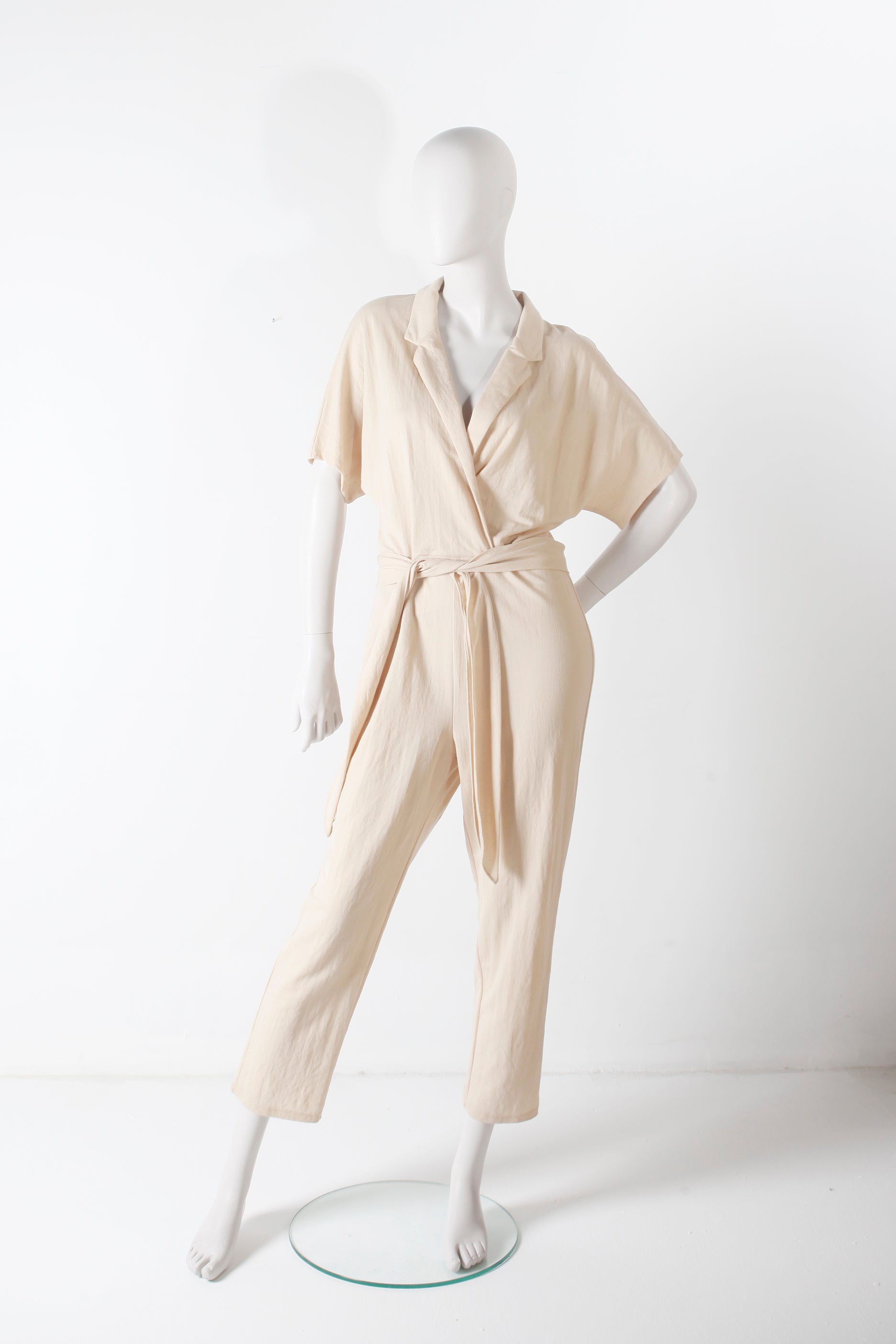 Beige Cotton Tie-Waist Jumpsuit