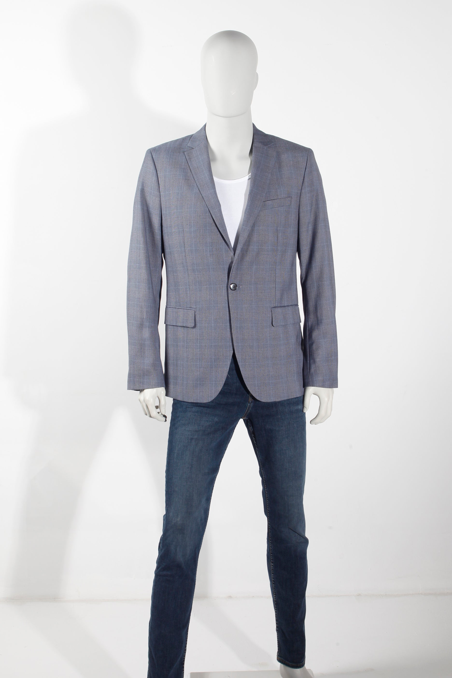 Men's Blue-Grey Checked Blazer (Eu52)