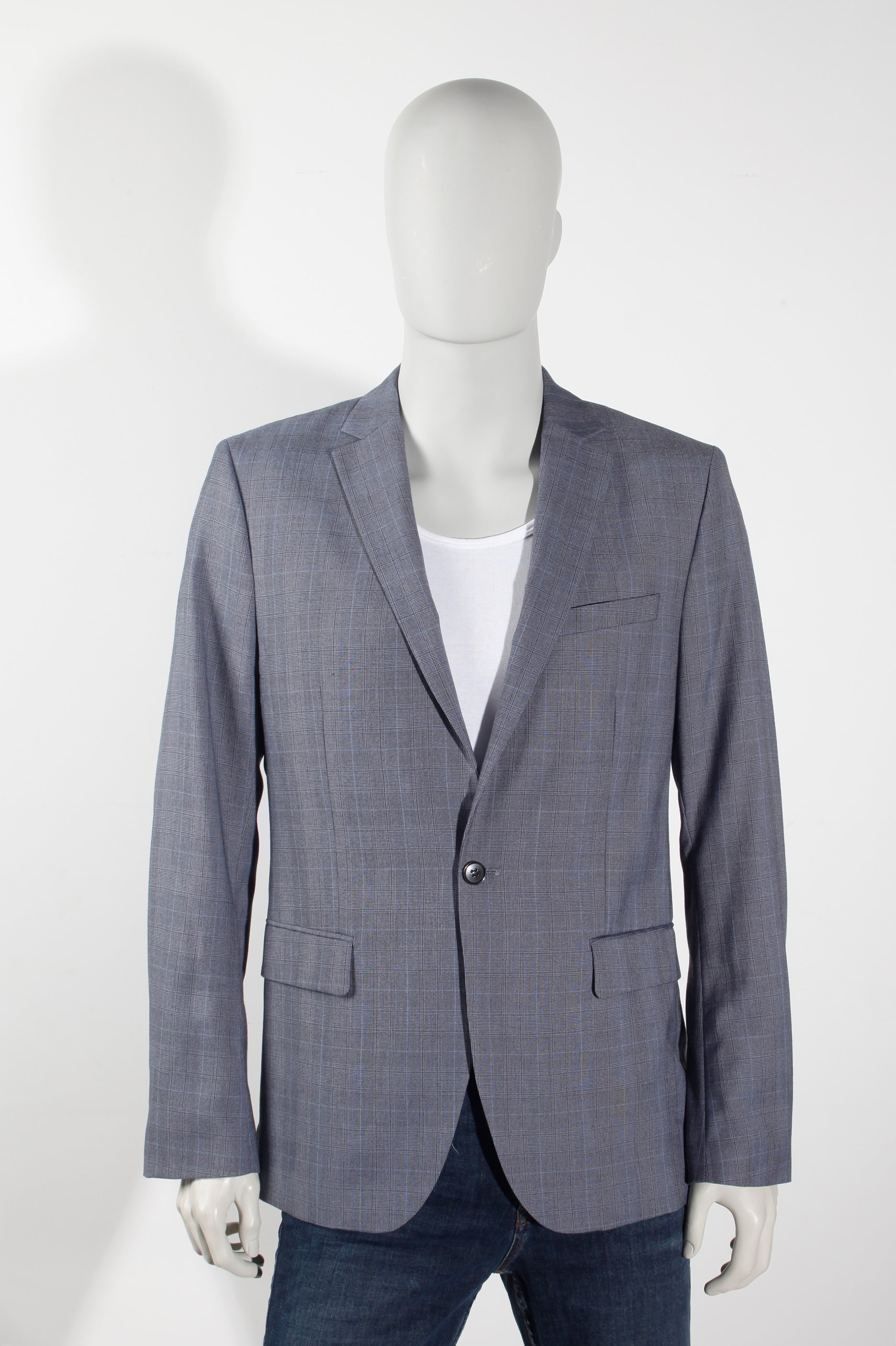 Men's Blue-Grey Checked Blazer (Eu52)