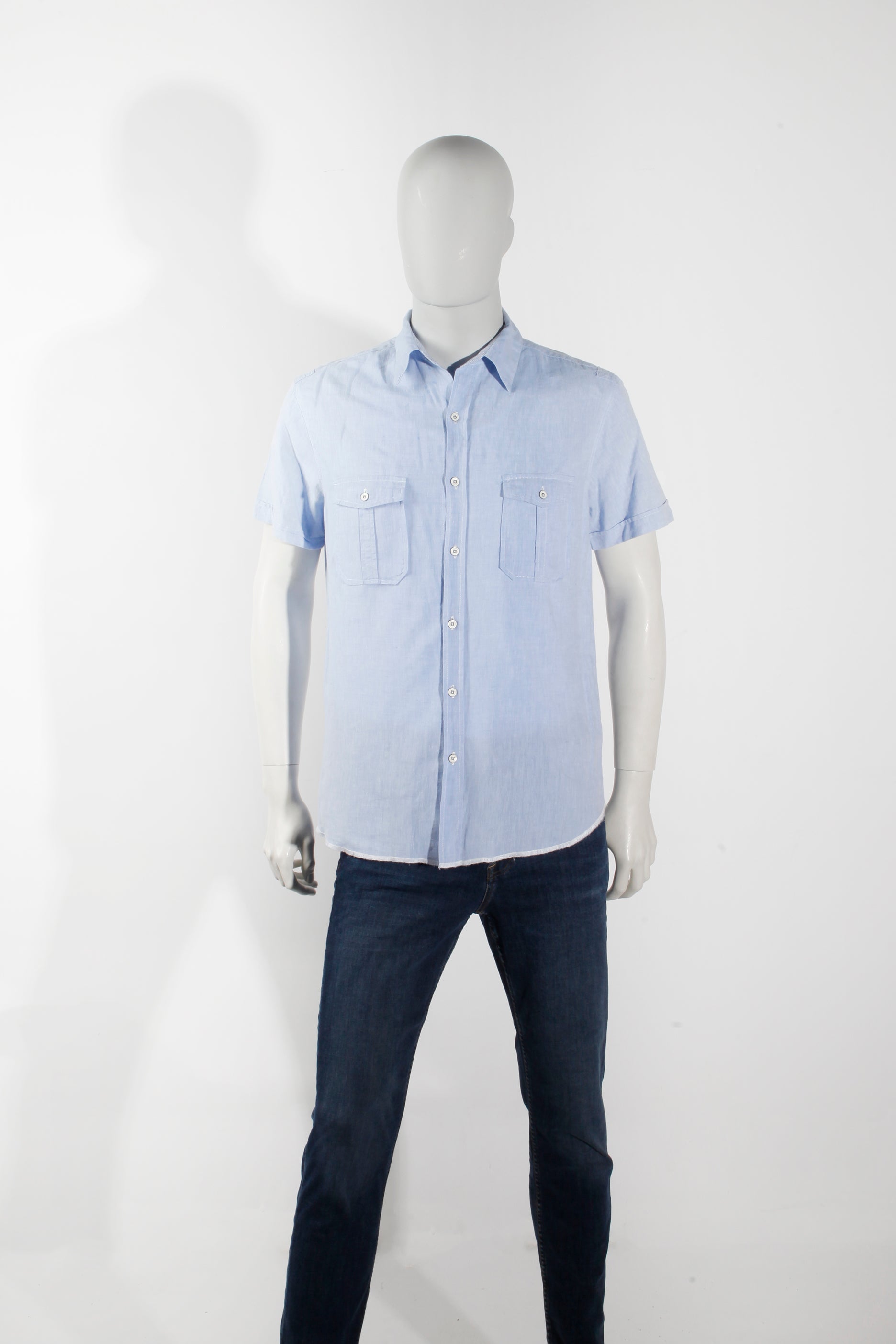 Mens Light Blue Linen Shirt with Pockets (Medium)
