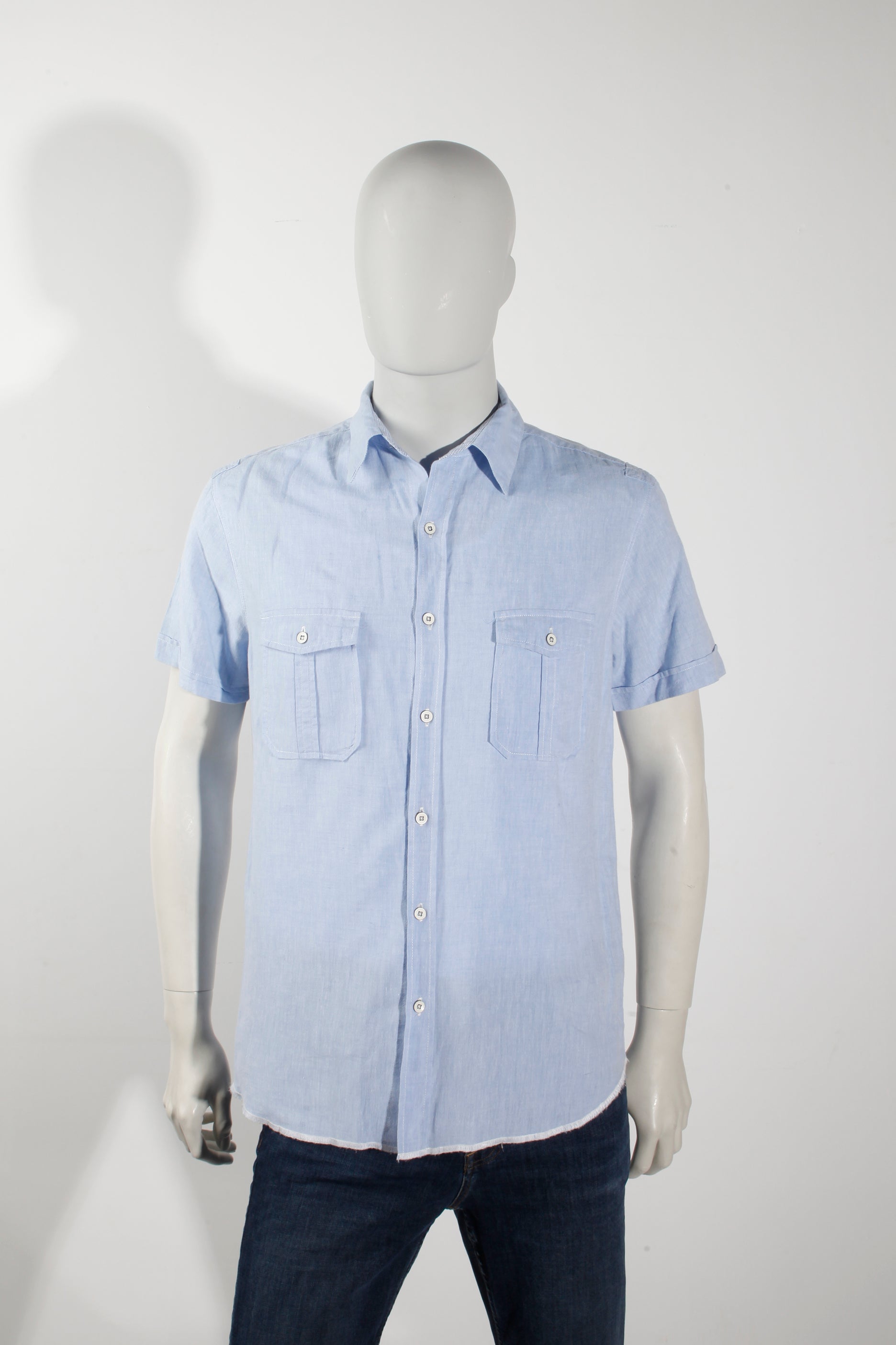 Mens Light Blue Linen Shirt with Pockets (Medium)