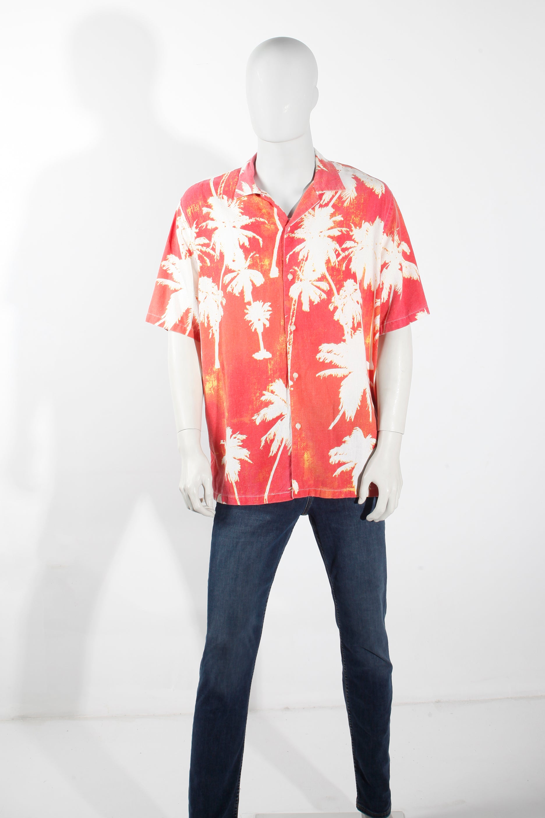 Palm Tree Print Orange Hawaiian Shirt (Medium)