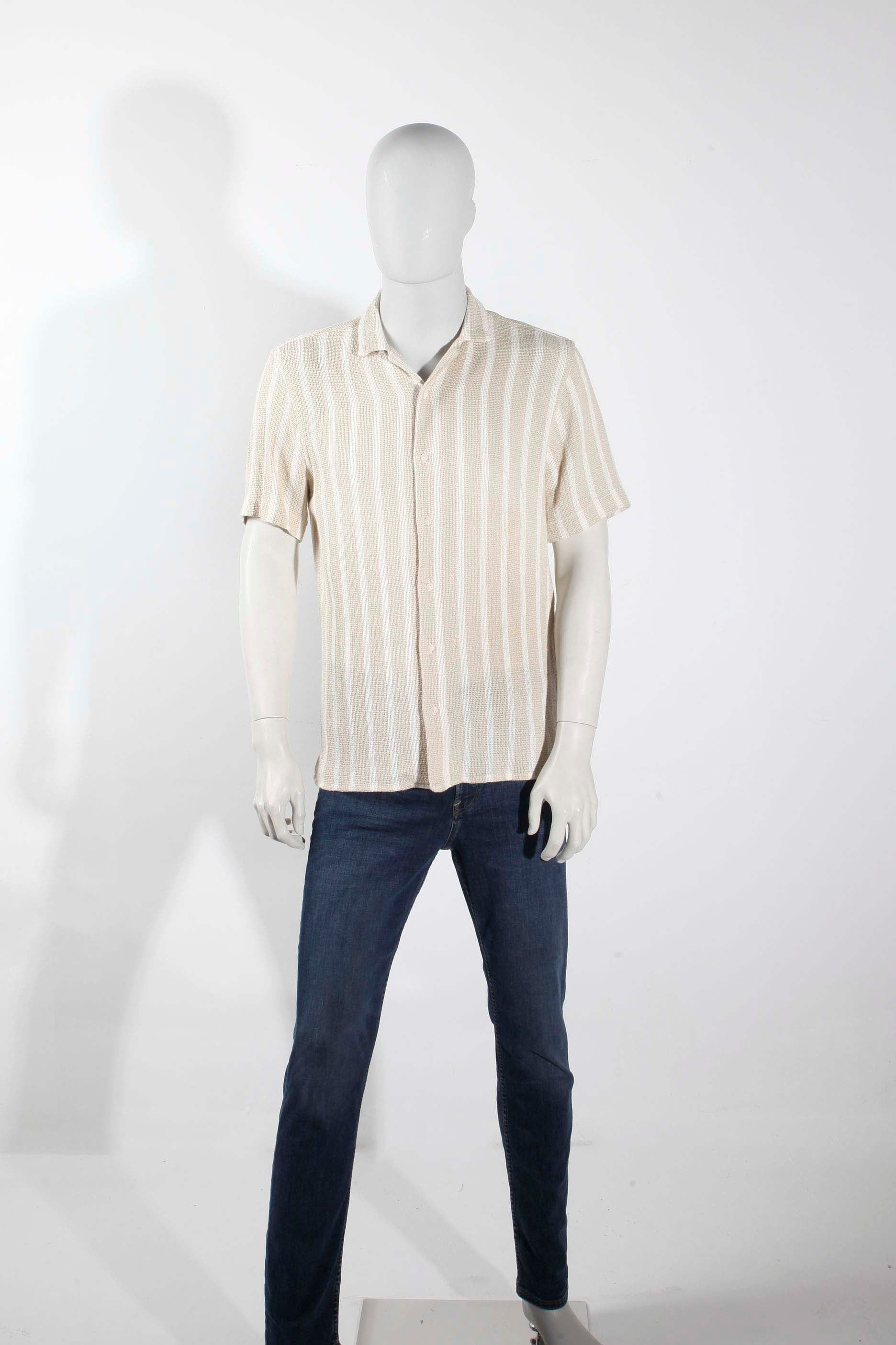 Mens Zara Knitted Beige and White Striped Shirt (Large)