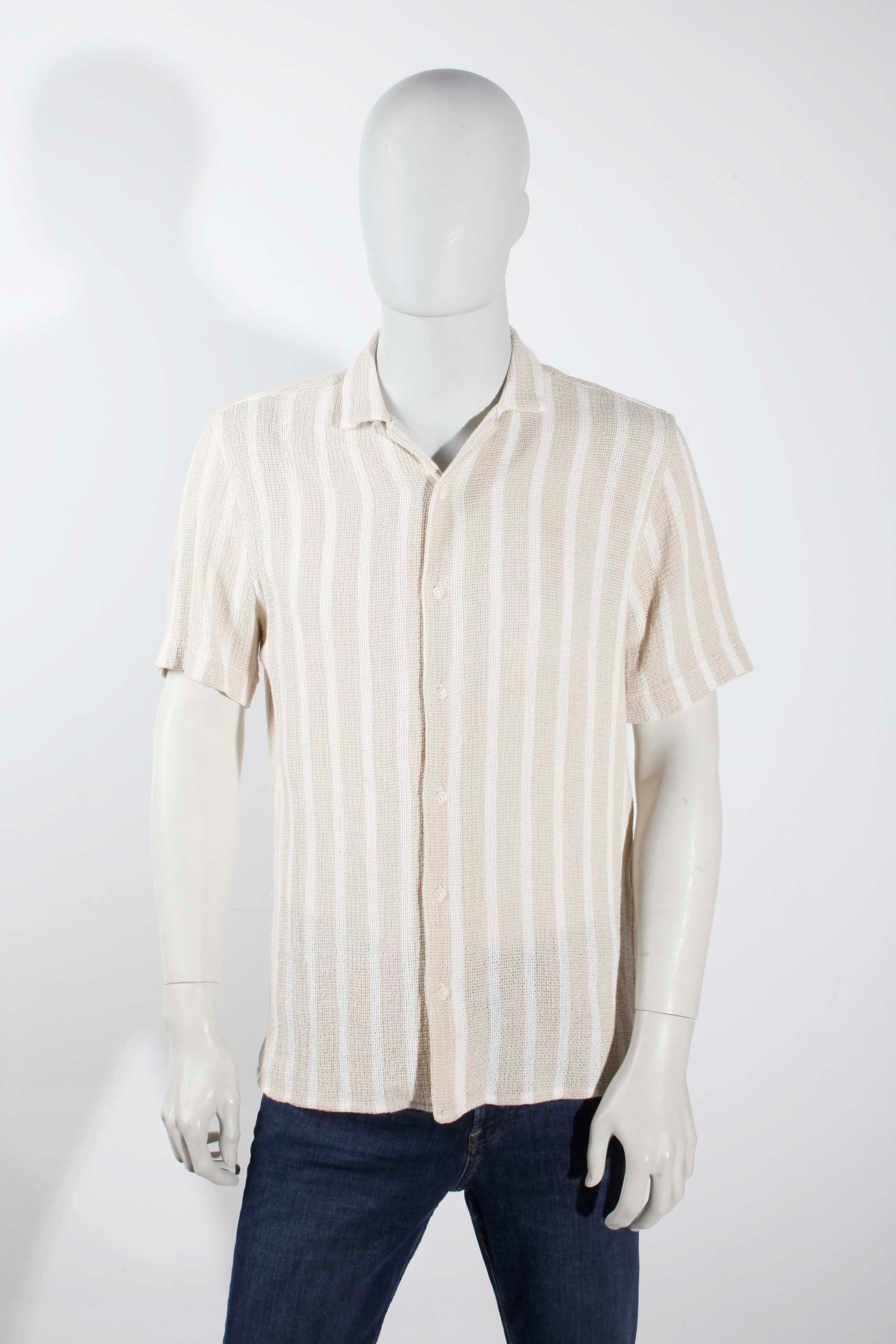 Mens Zara Knitted Beige and White Striped Shirt (Large)