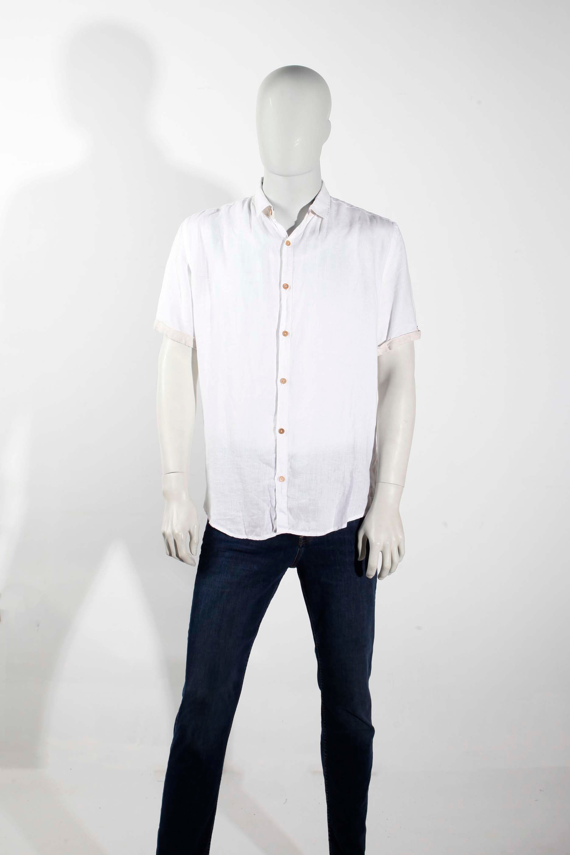 Mens White Linen Short-Sleeved Shirt (Large)