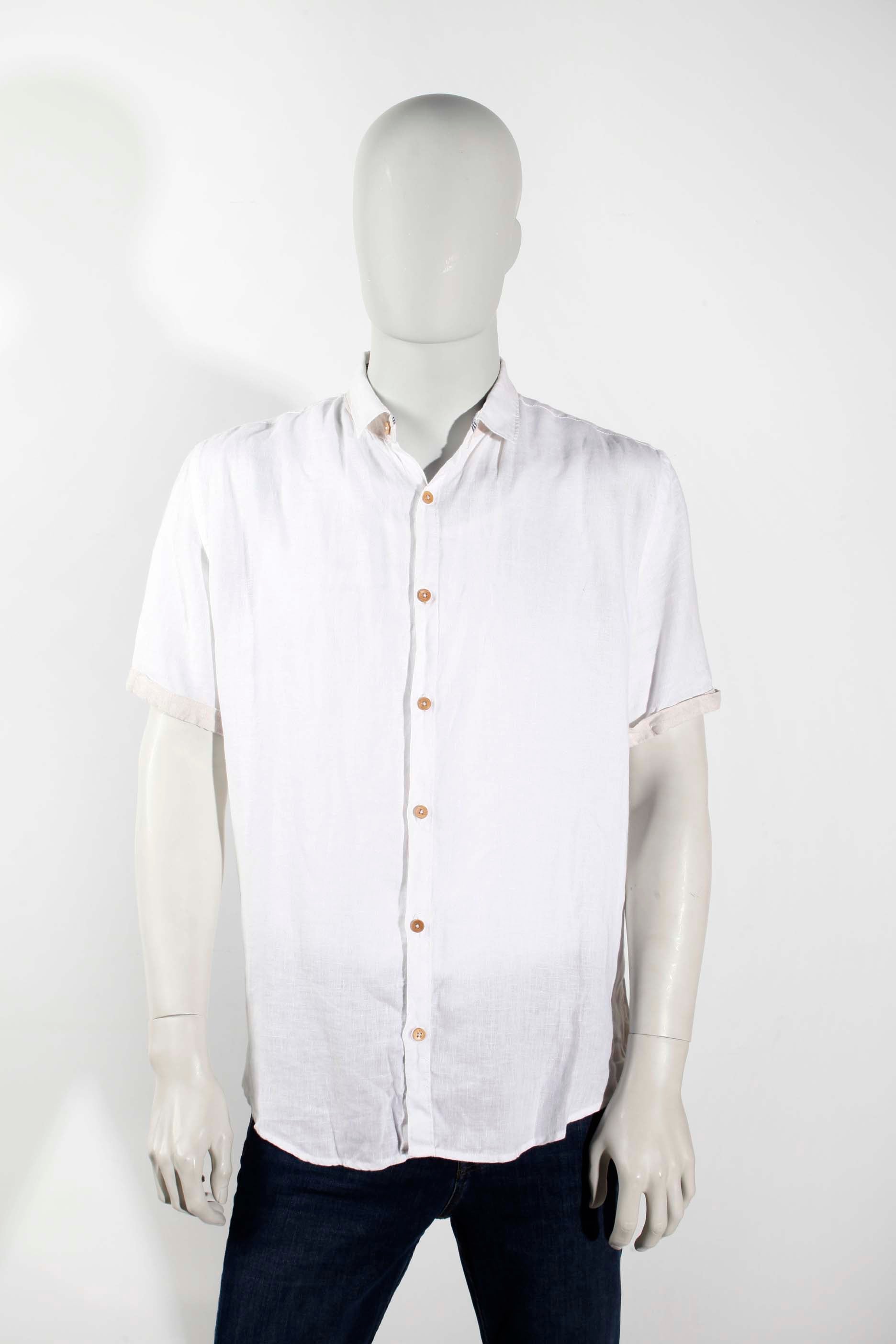 Mens White Linen Short-Sleeved Shirt (Large)